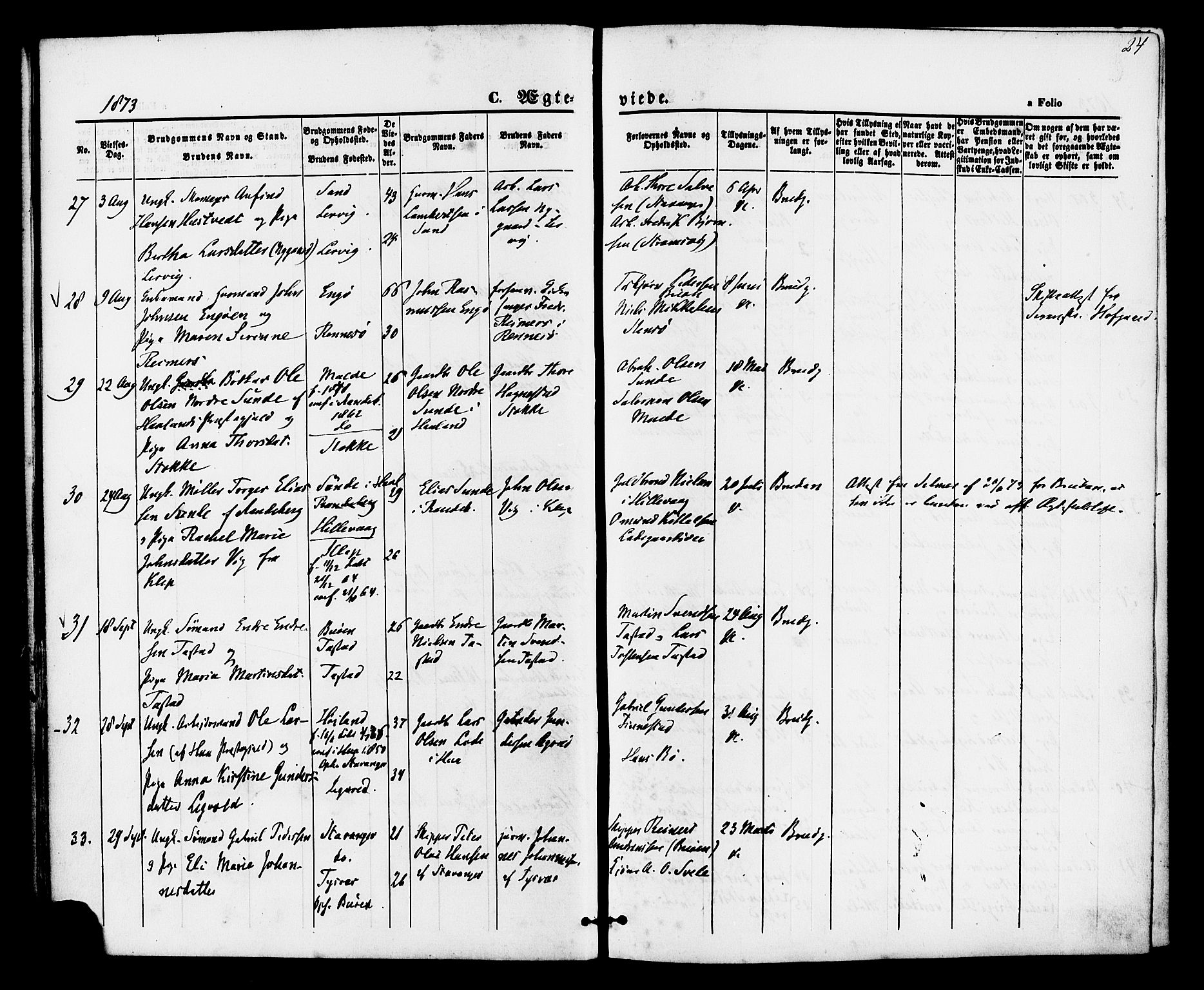 Hetland sokneprestkontor, AV/SAST-A-101826/30/30BA/L0005: Parish register (official) no. A 5, 1869-1884, p. 24