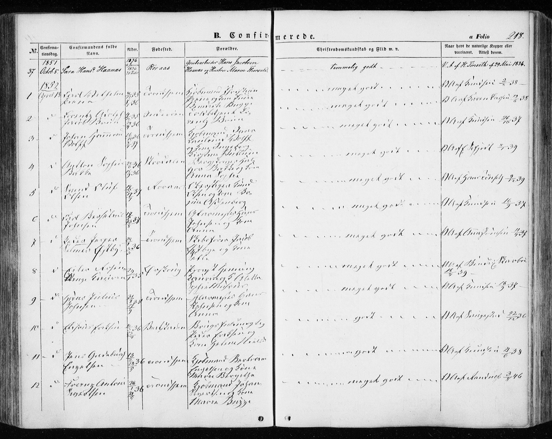 Ministerialprotokoller, klokkerbøker og fødselsregistre - Sør-Trøndelag, SAT/A-1456/601/L0051: Parish register (official) no. 601A19, 1848-1857, p. 218