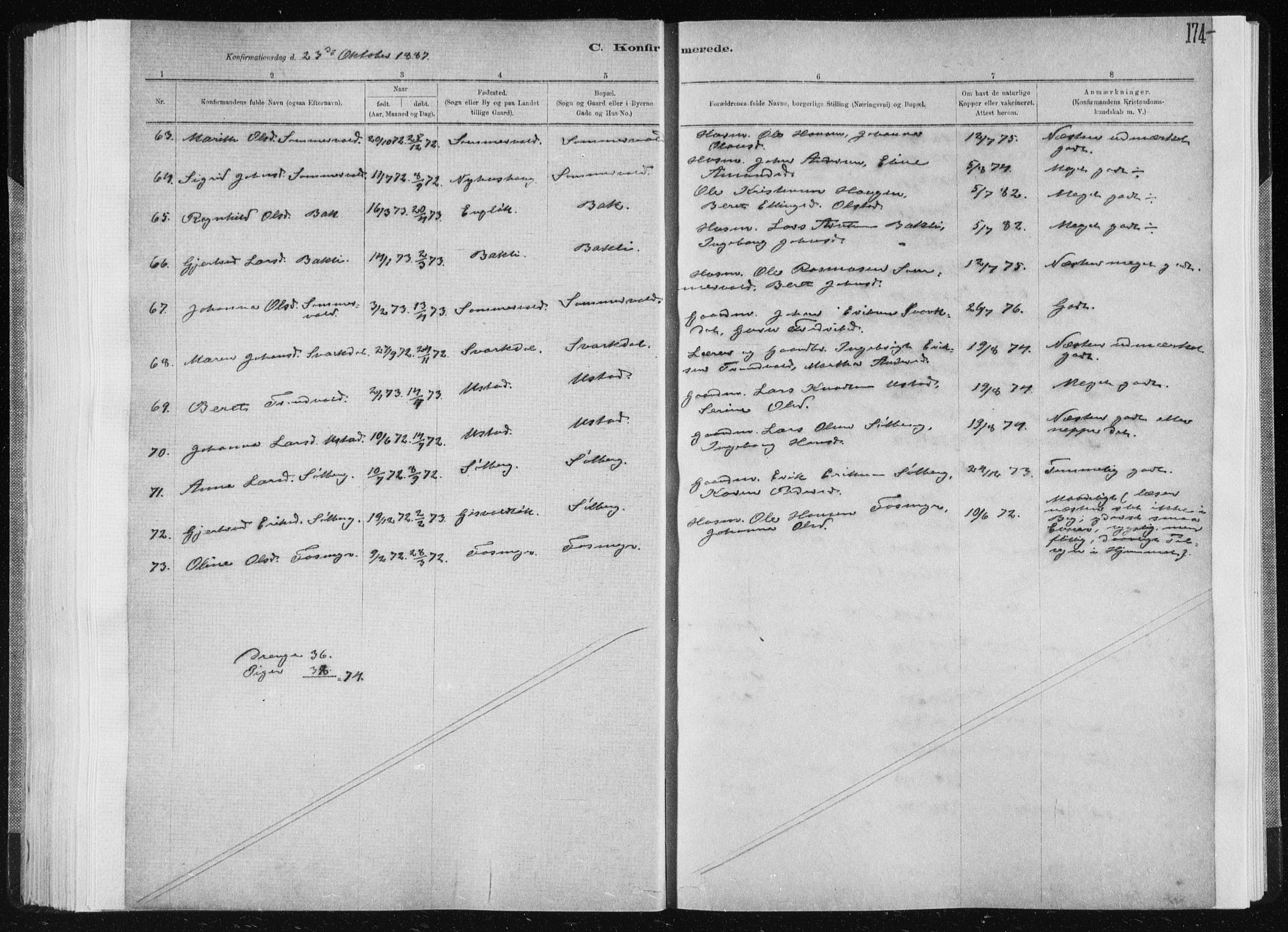 Ministerialprotokoller, klokkerbøker og fødselsregistre - Sør-Trøndelag, SAT/A-1456/668/L0818: Parish register (copy) no. 668C07, 1885-1898, p. 174