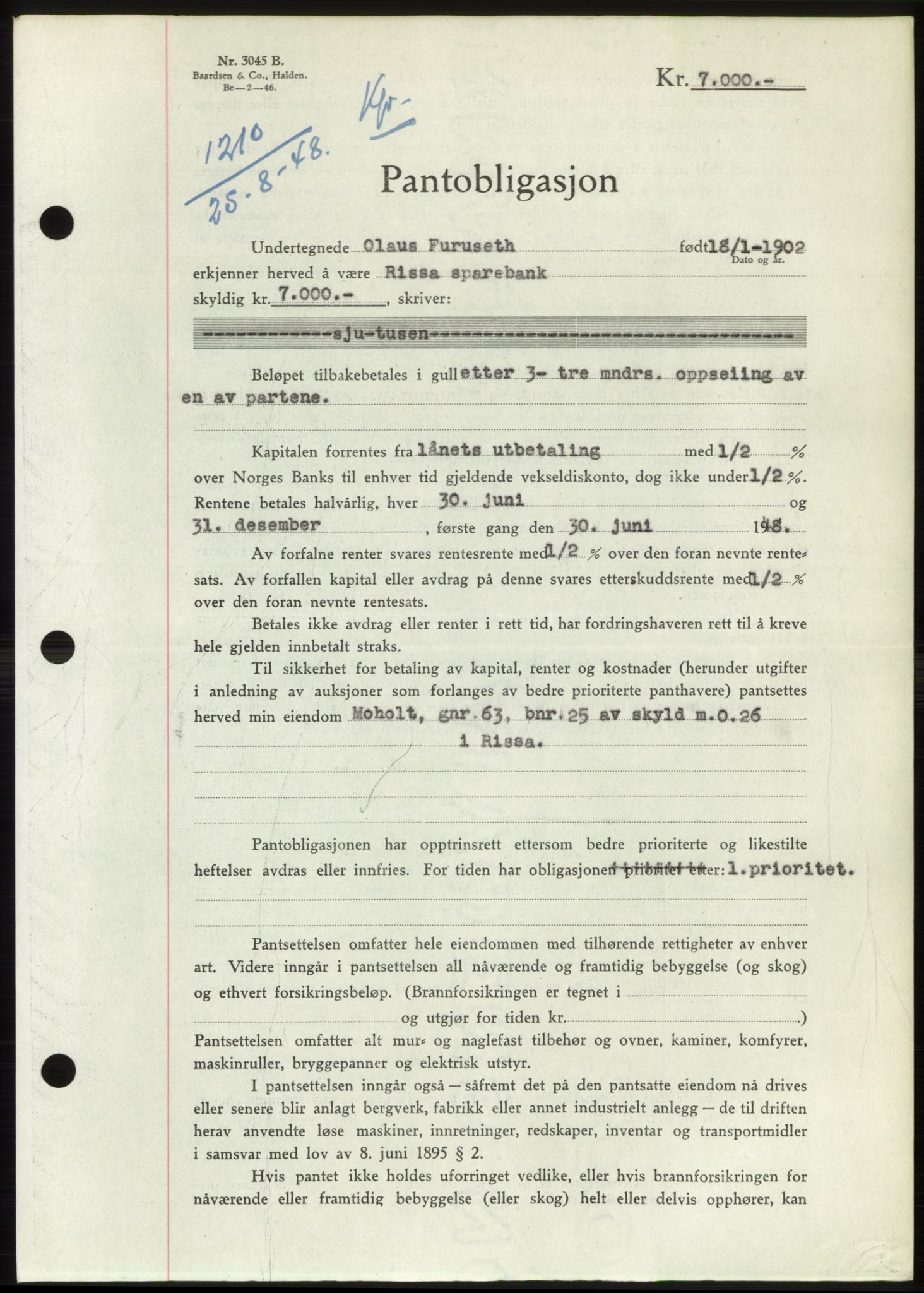 Fosen sorenskriveri, AV/SAT-A-1107/1/2/2C: Mortgage book no. B, 1948-1950, Diary no: : 1210/1948