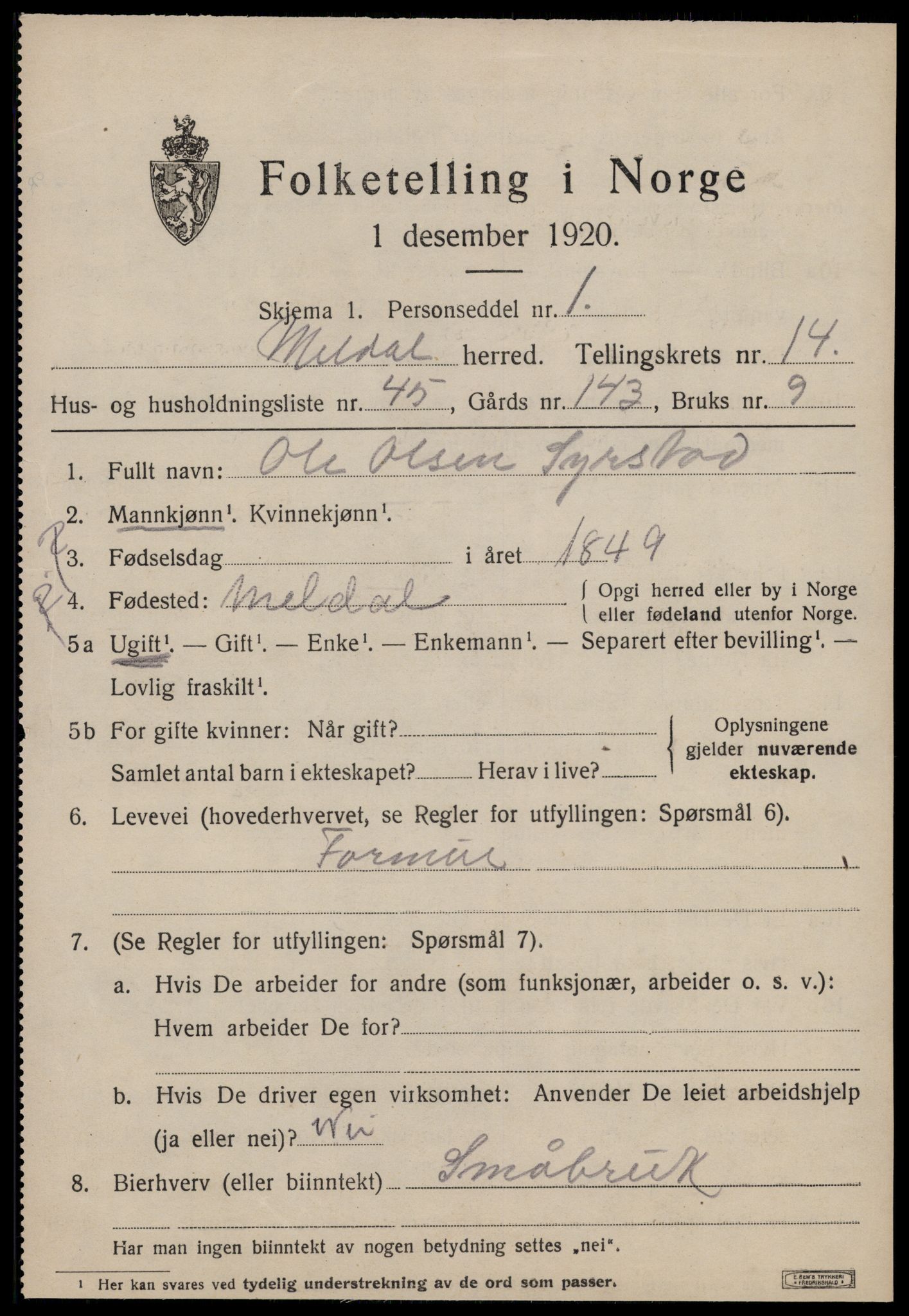 SAT, 1920 census for Meldal, 1920, p. 10471