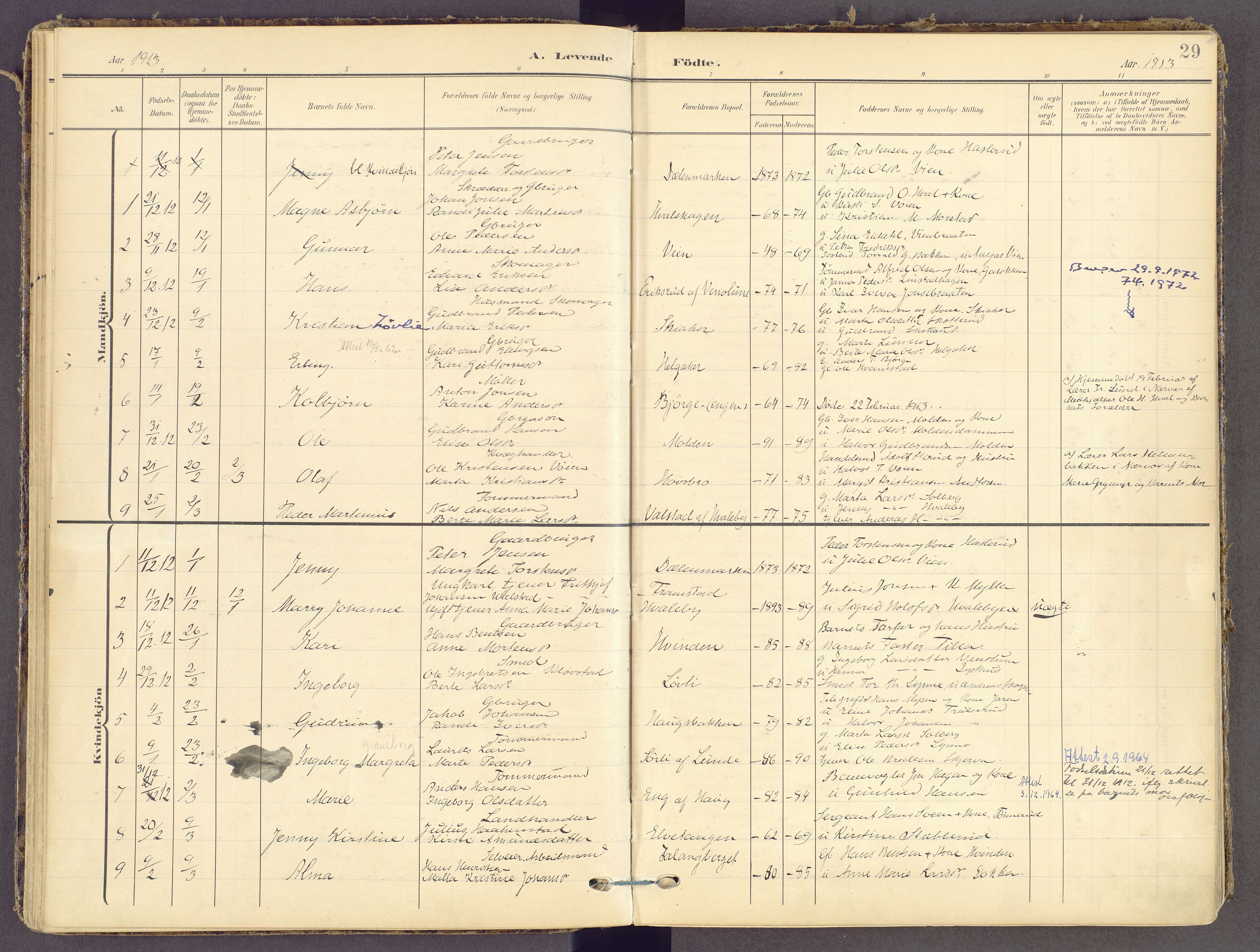 Gran prestekontor, SAH/PREST-112/H/Ha/Haa/L0021: Parish register (official) no. 21, 1908-1932, p. 29