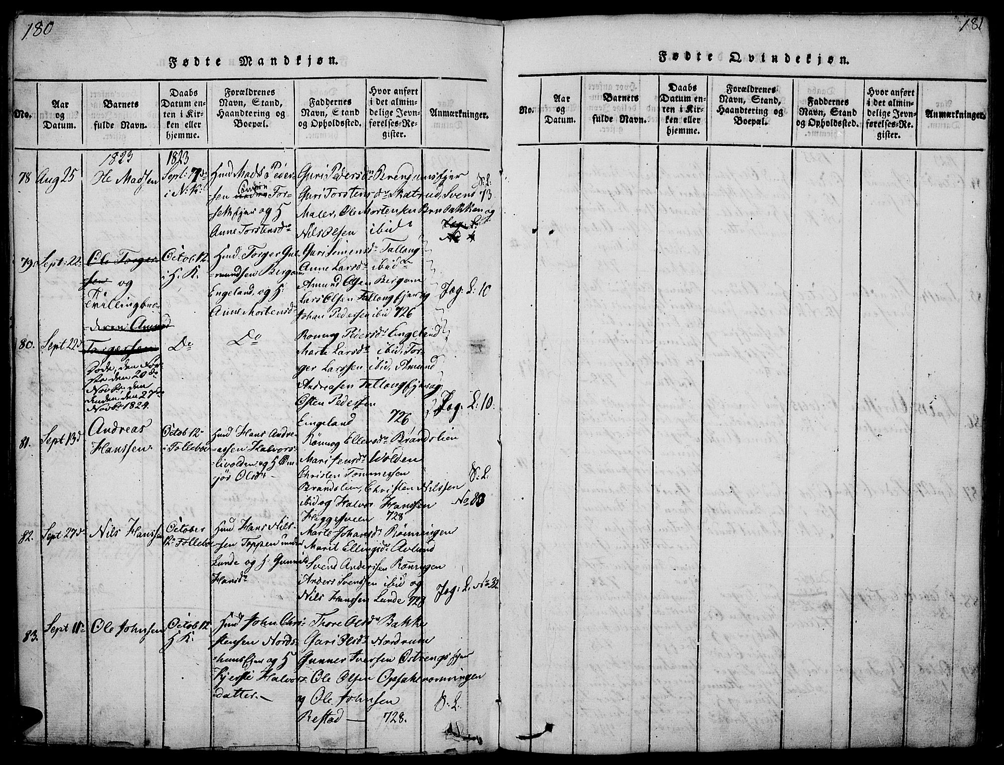 Gausdal prestekontor, AV/SAH-PREST-090/H/Ha/Haa/L0005: Parish register (official) no. 5, 1817-1829, p. 180-181