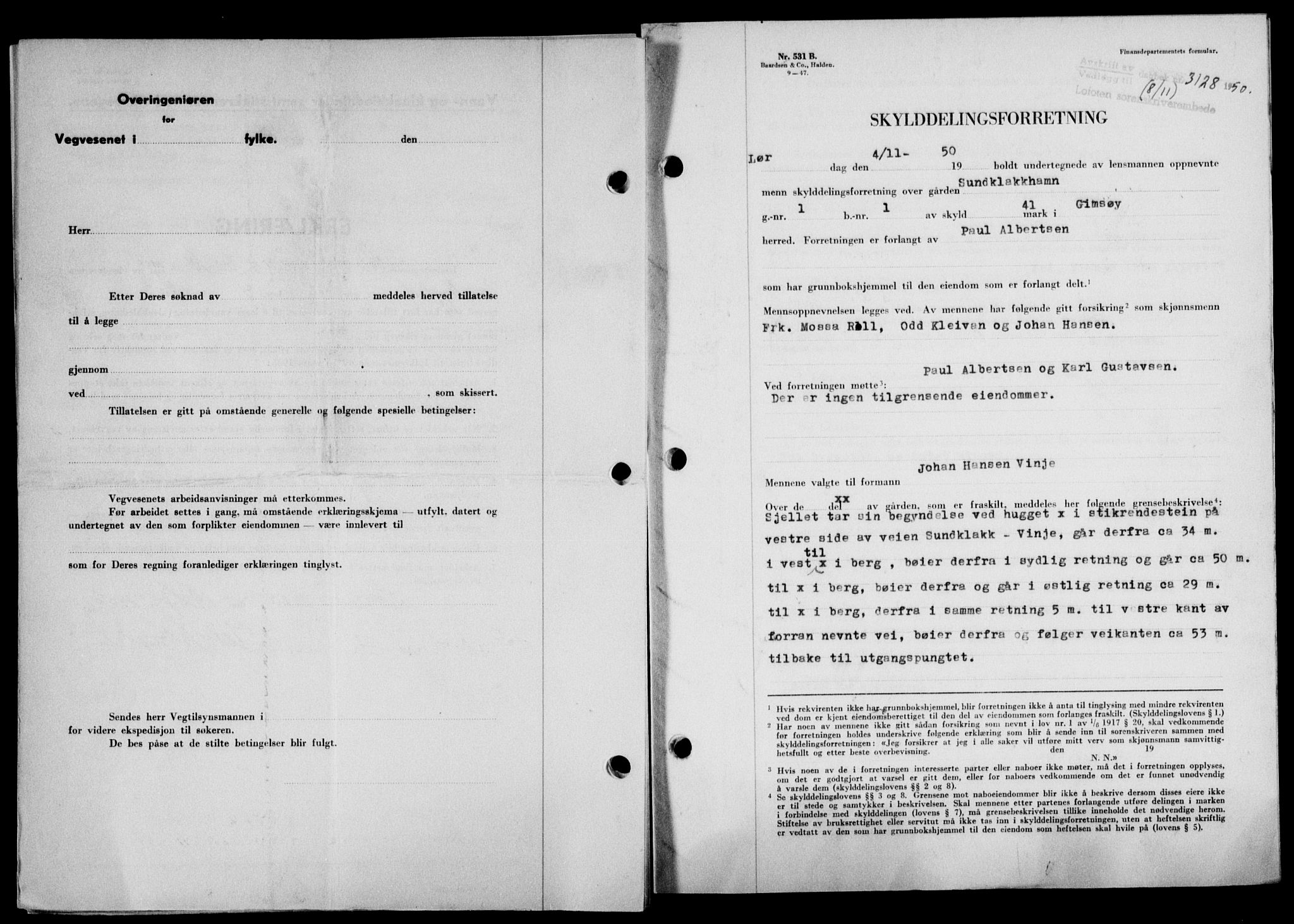 Lofoten sorenskriveri, SAT/A-0017/1/2/2C/L0024a: Mortgage book no. 24a, 1950-1950, Diary no: : 3128/1950