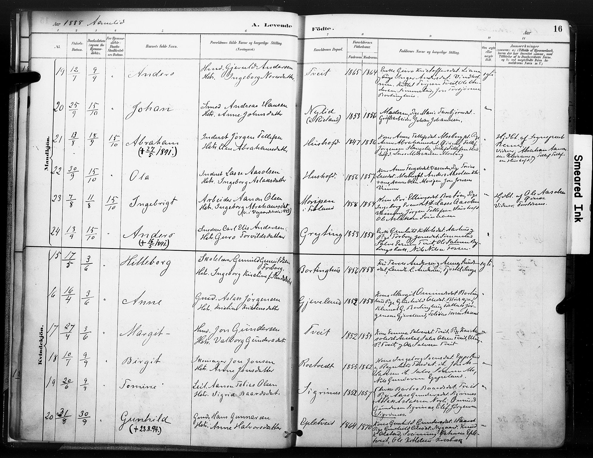 Åmli sokneprestkontor, SAK/1111-0050/F/Fa/Fac/L0010: Parish register (official) no. A 10 /1, 1885-1899, p. 16