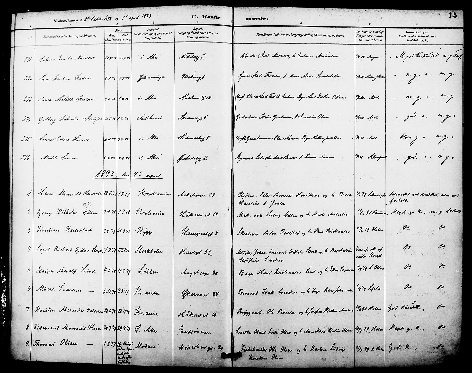 Kampen prestekontor Kirkebøker, SAO/A-10853/F/Fa/L0008: Parish register (official) no. I 8, 1892-1902, p. 15