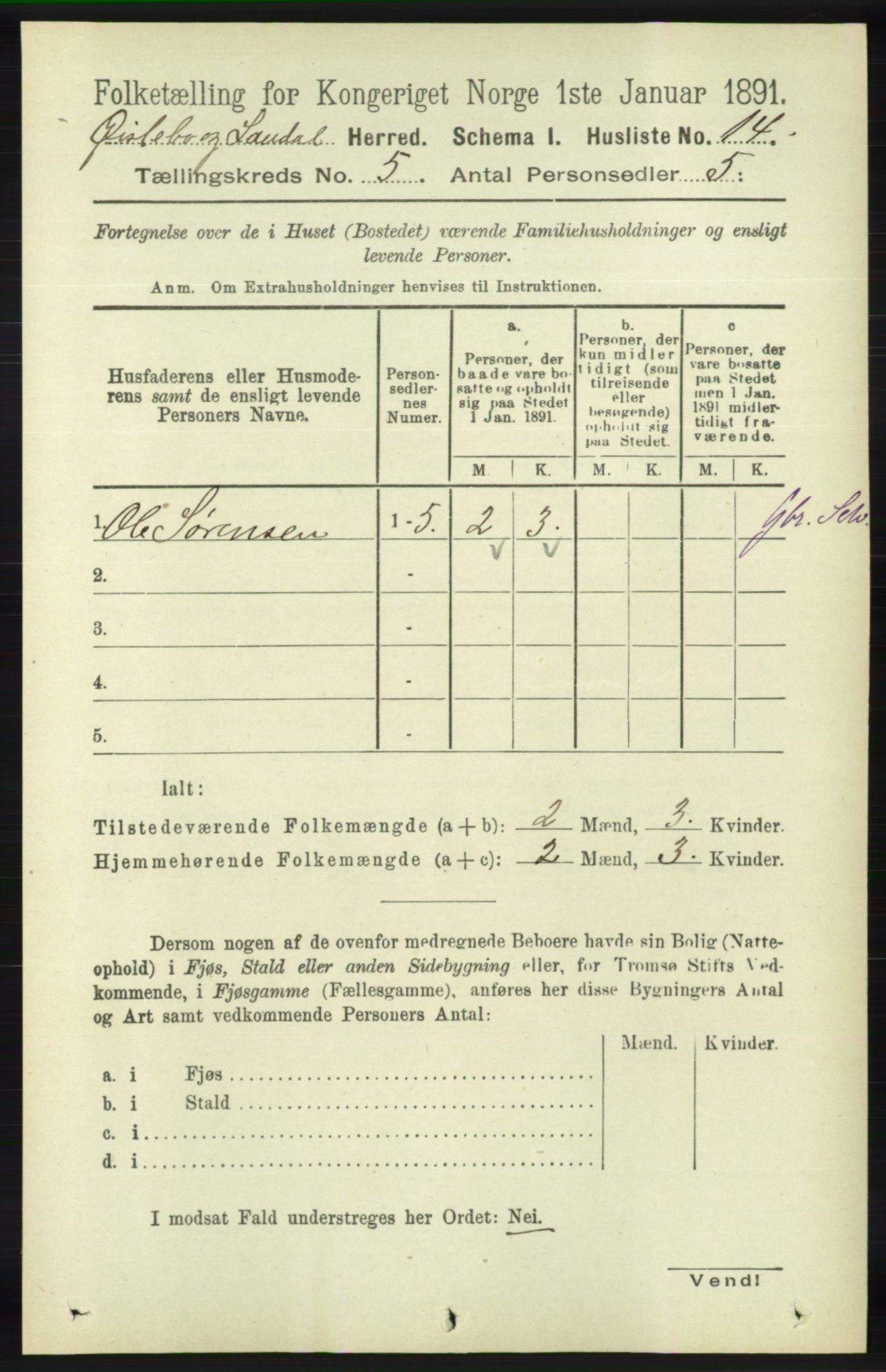 RA, 1891 census for 1021 Øyslebø og Laudal, 1891, p. 1289