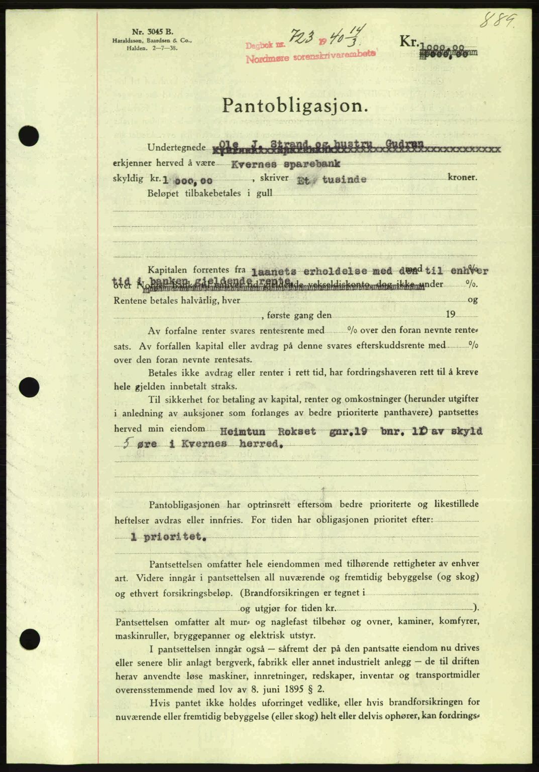 Nordmøre sorenskriveri, AV/SAT-A-4132/1/2/2Ca: Mortgage book no. B86, 1939-1940, Diary no: : 723/1940