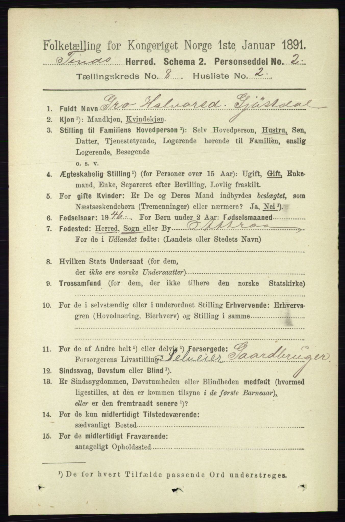 RA, 1891 census for 0826 Tinn, 1891, p. 1665