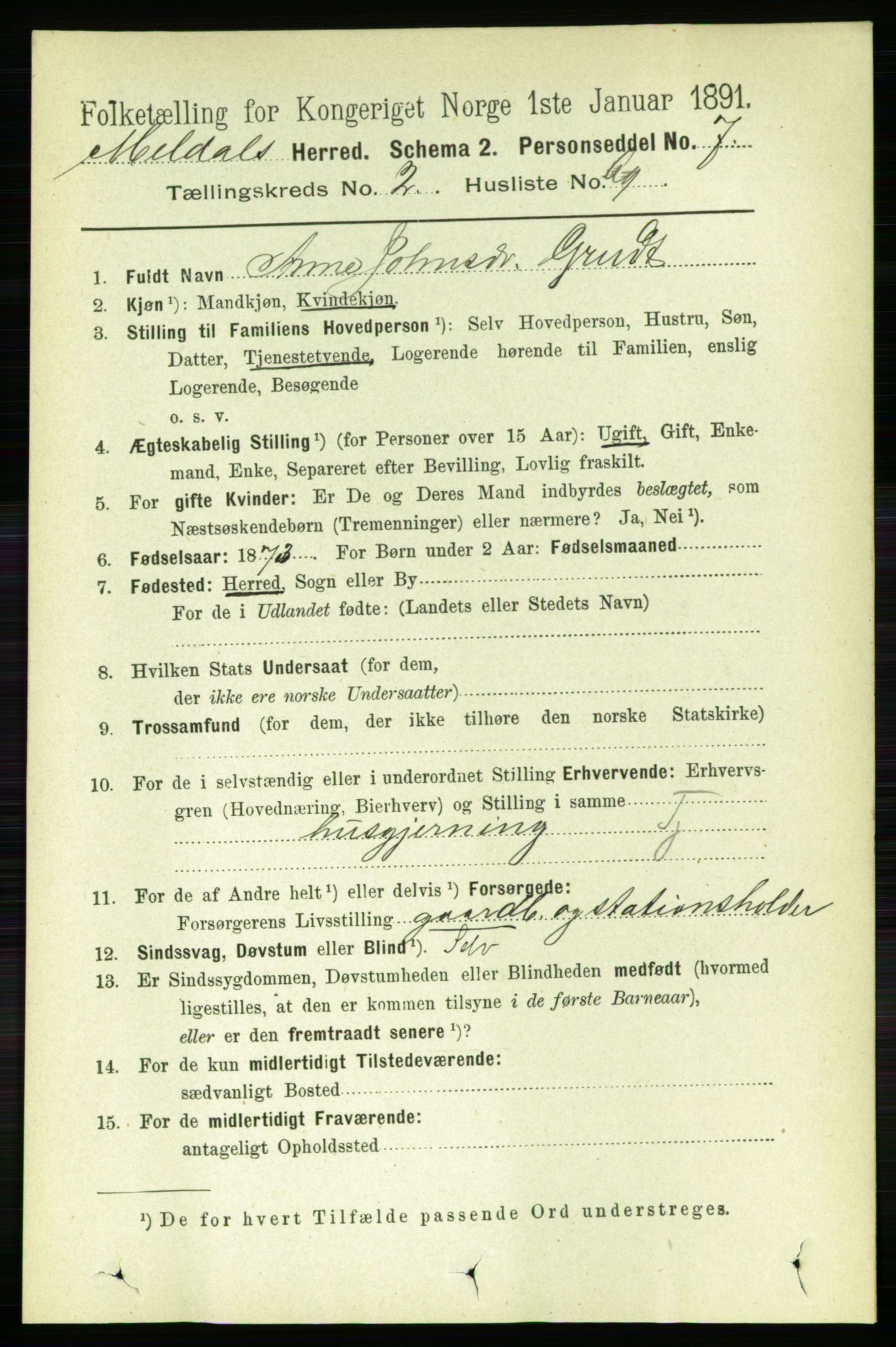 RA, 1891 census for 1636 Meldal, 1891, p. 1490