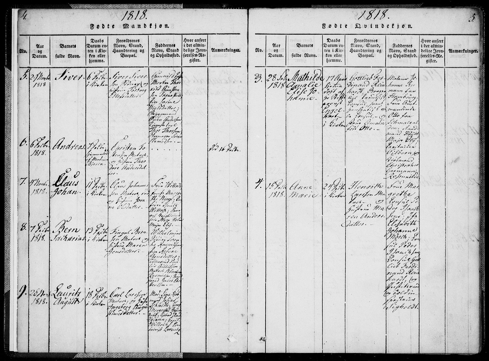 Kristiansand domprosti, AV/SAK-1112-0006/F/Fa/L0008: Parish register (official) no. A 8, 1818-1821, p. 4-5