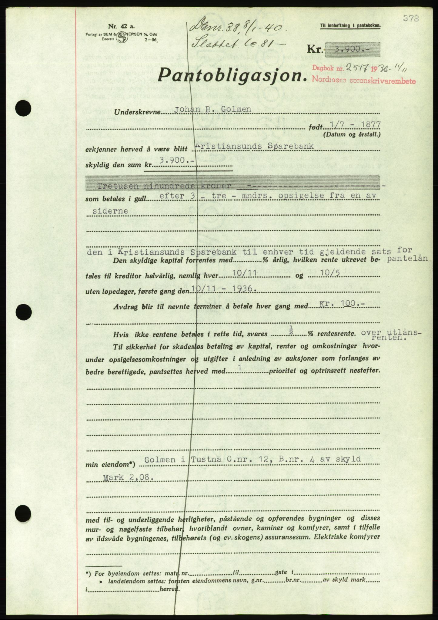 Nordmøre sorenskriveri, AV/SAT-A-4132/1/2/2Ca/L0090: Mortgage book no. B80, 1936-1937, Diary no: : 2517/1936