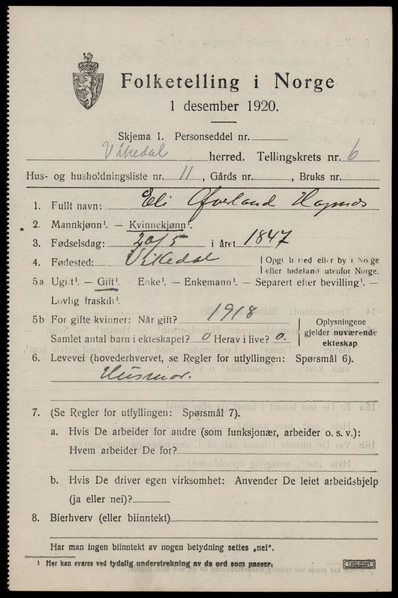 SAST, 1920 census for Vikedal, 1920, p. 2613