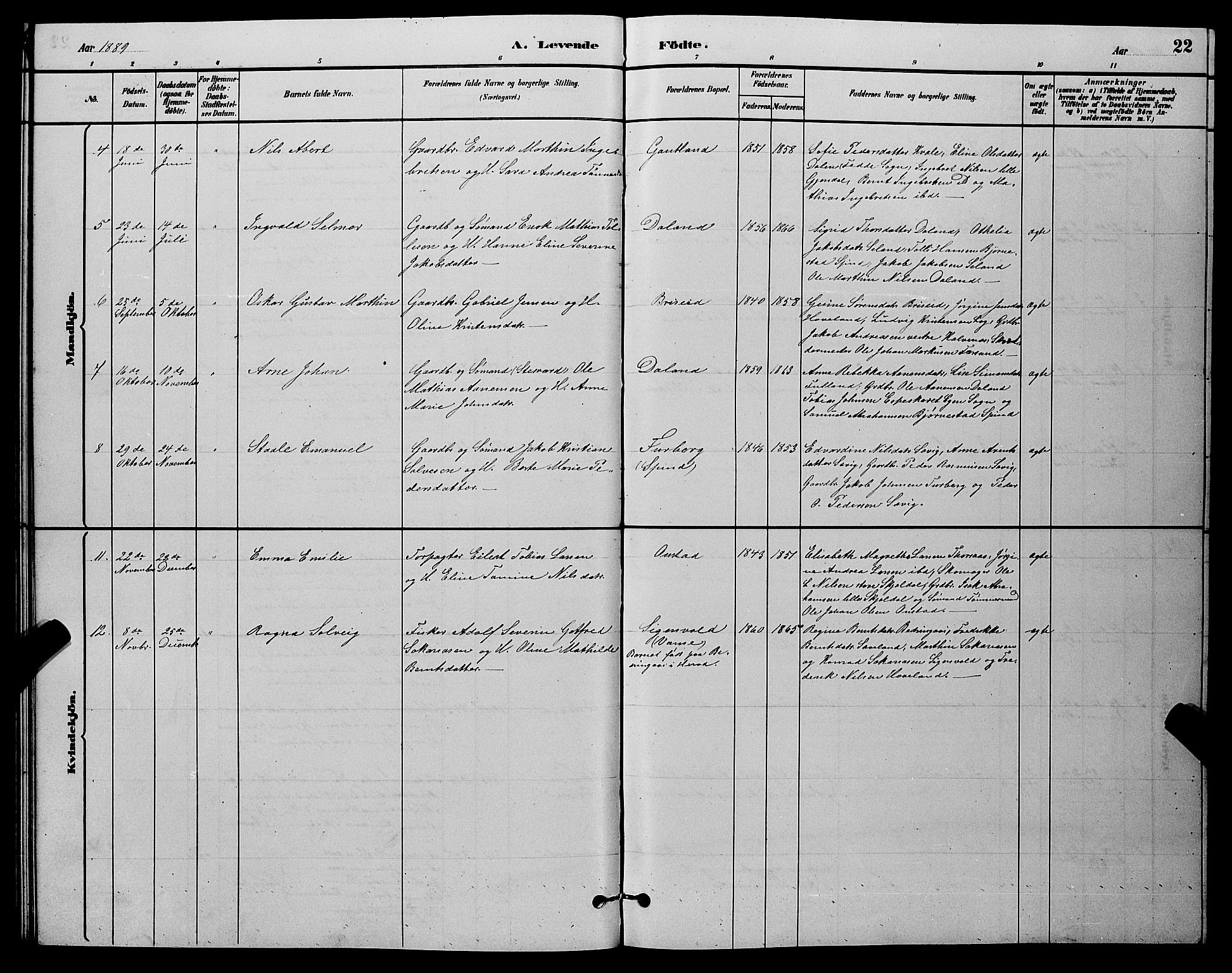 Herad sokneprestkontor, AV/SAK-1111-0018/F/Fb/Fba/L0004: Parish register (copy) no. B 4, 1882-1899, p. 22