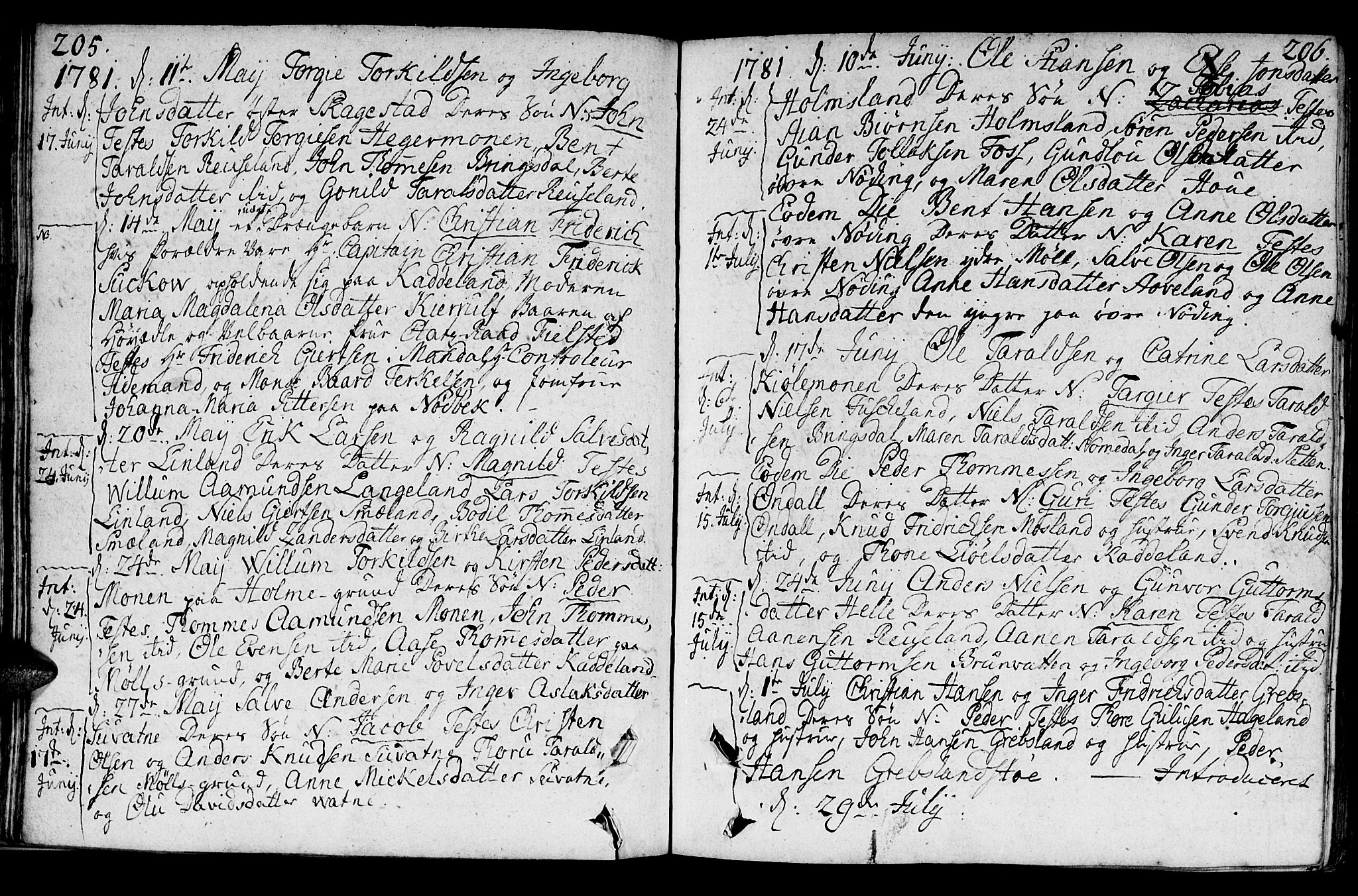 Holum sokneprestkontor, AV/SAK-1111-0022/F/Fa/Faa/L0003: Parish register (official) no. A 3, 1780-1821, p. 205-206