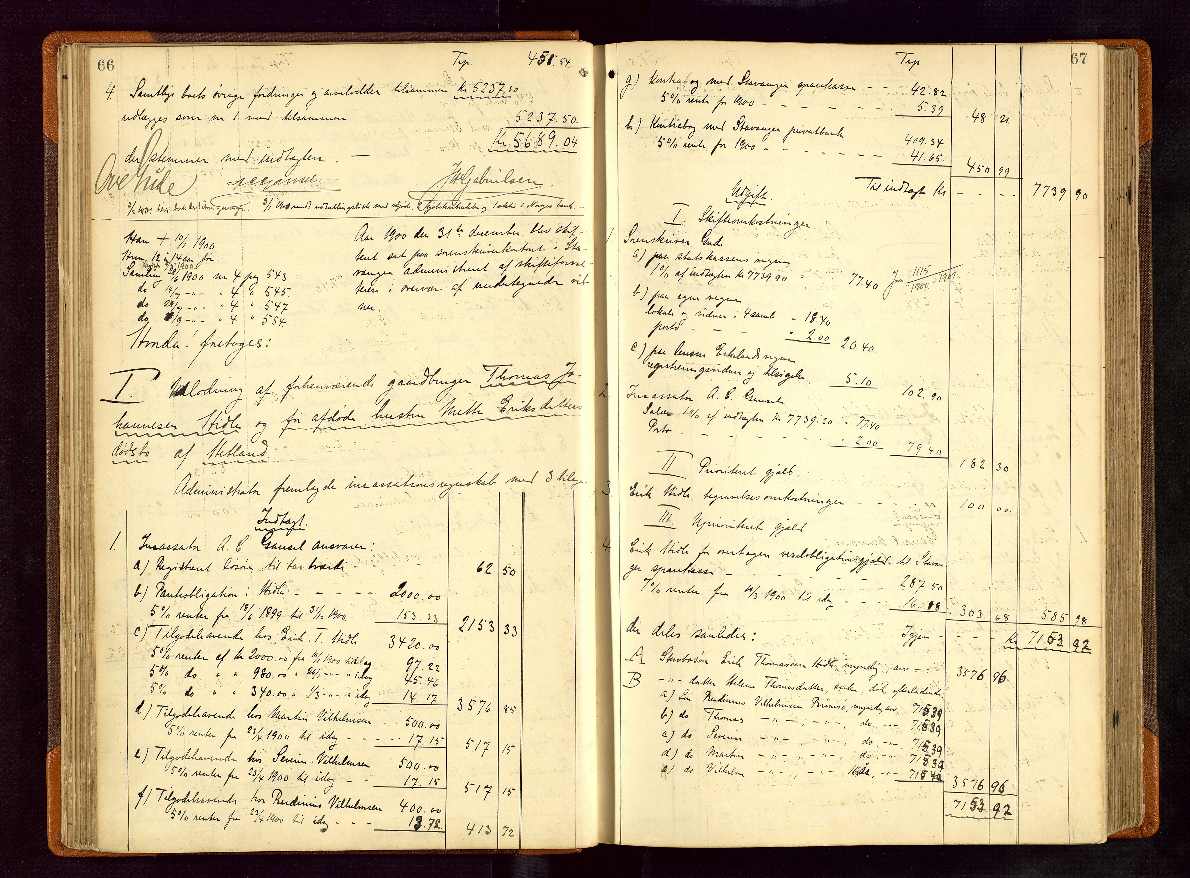 Jæren sorenskriveri, AV/SAST-A-100310/01/5/50/50BB/L0006: SKIFTEUTLODNINGSPROTOKOLL, 1900-1907, p. 66-67