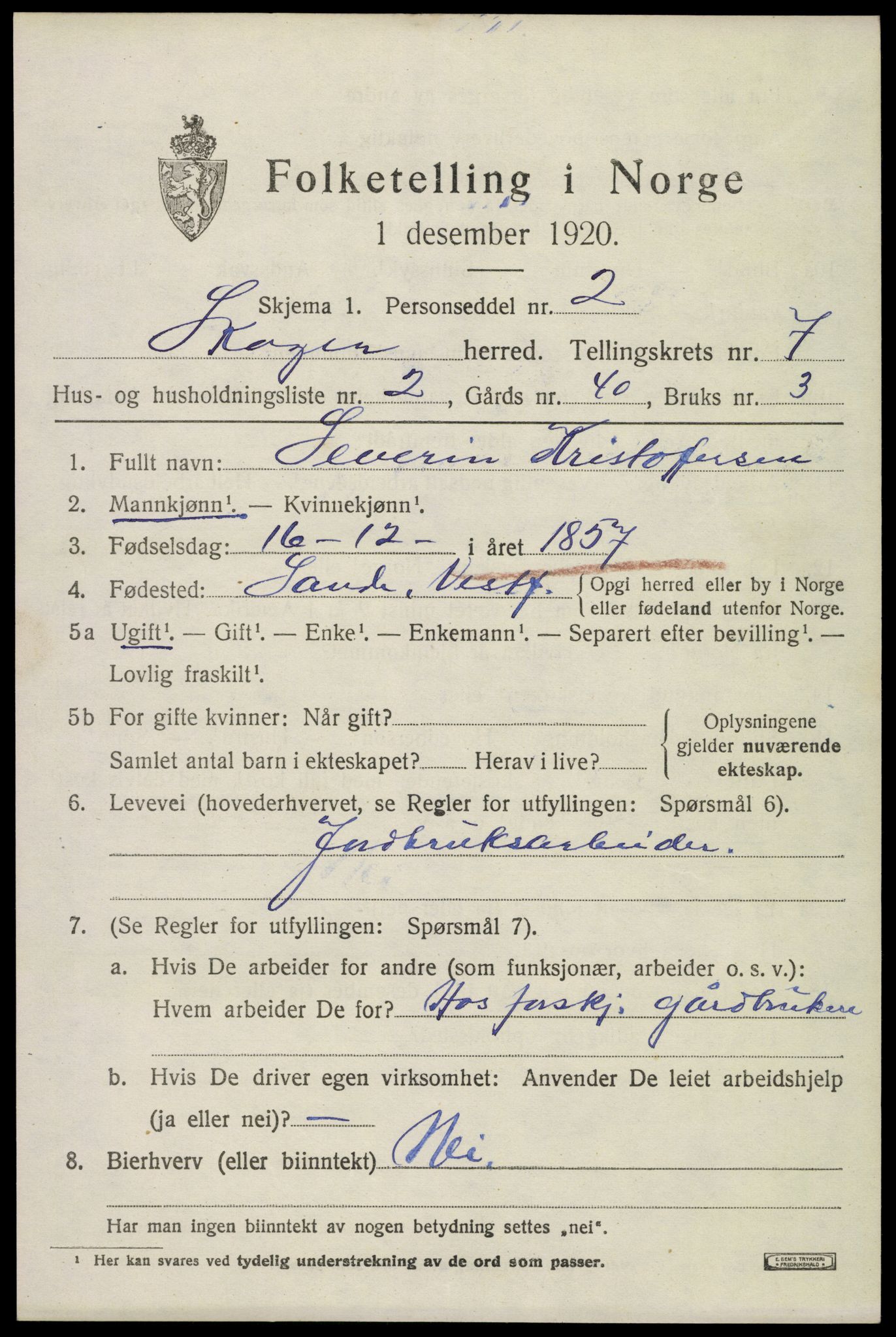 SAKO, 1920 census for Skoger, 1920, p. 14595