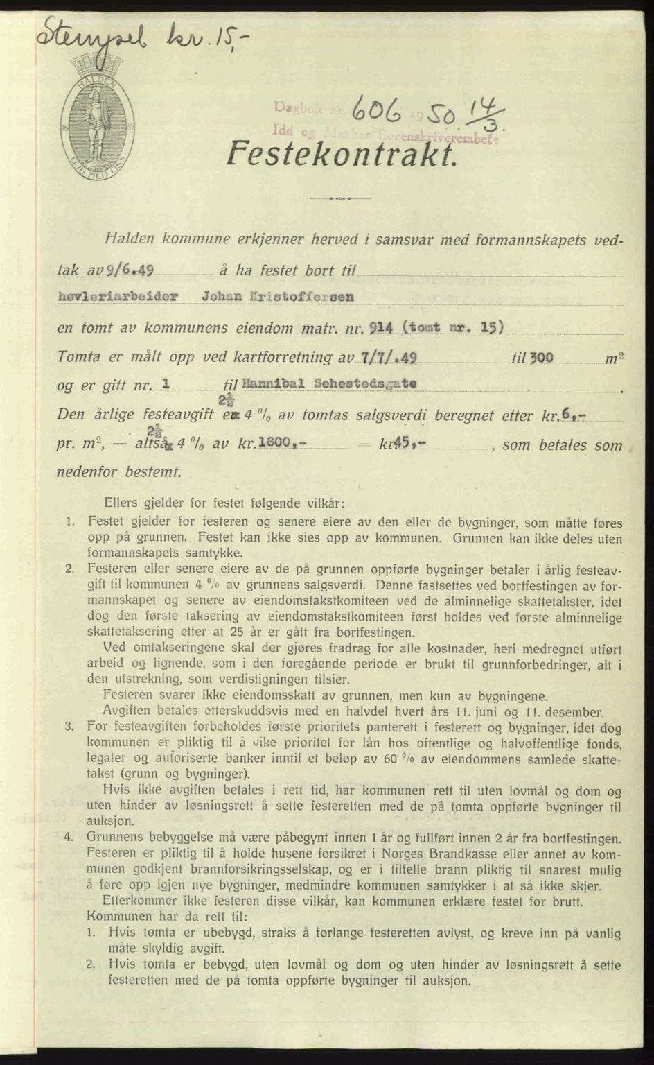 Idd og Marker sorenskriveri, AV/SAO-A-10283/G/Gb/Gbb/L0014: Mortgage book no. A14, 1950-1950, Diary no: : 606/1950