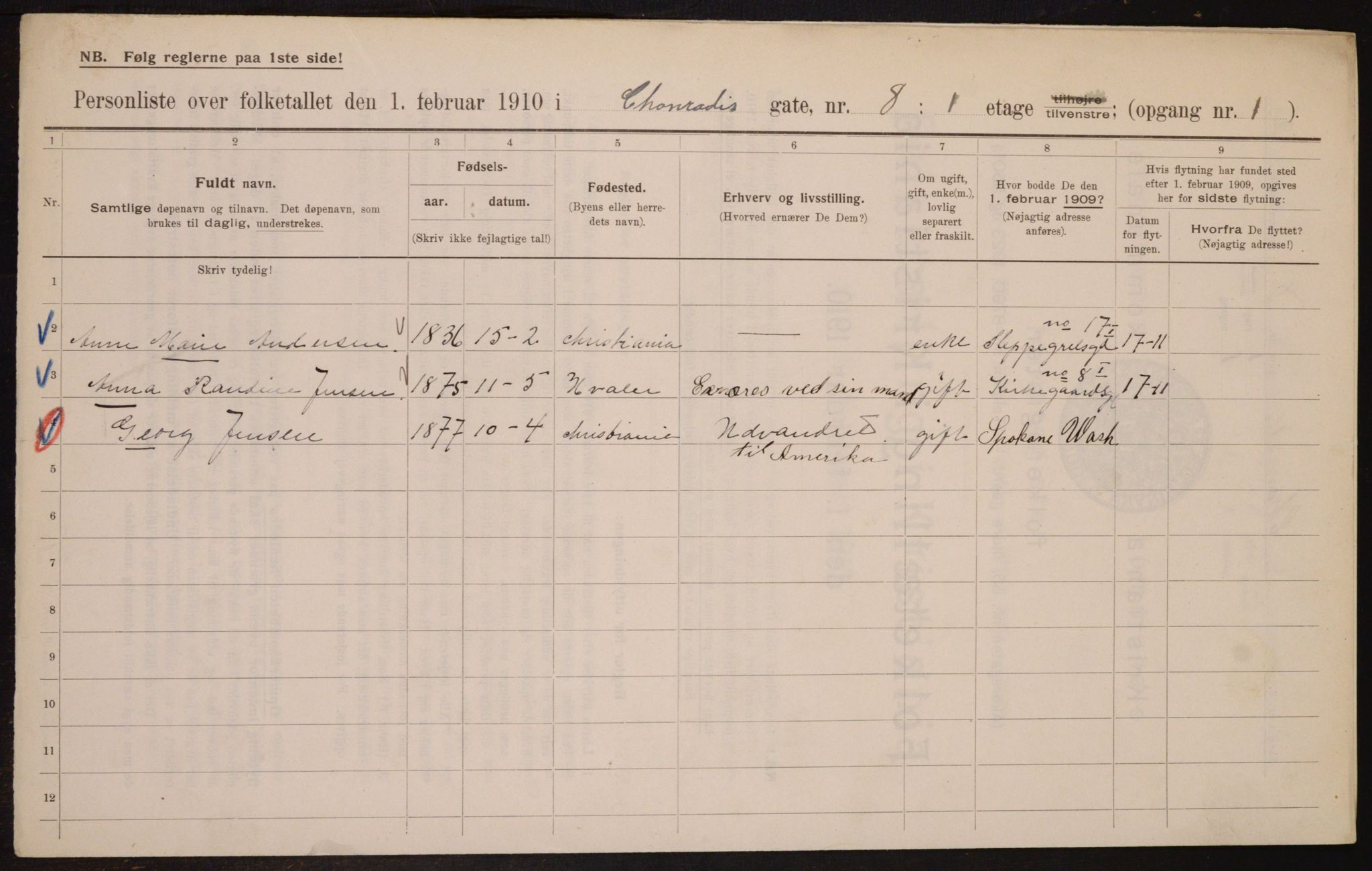 OBA, Municipal Census 1910 for Kristiania, 1910, p. 13032