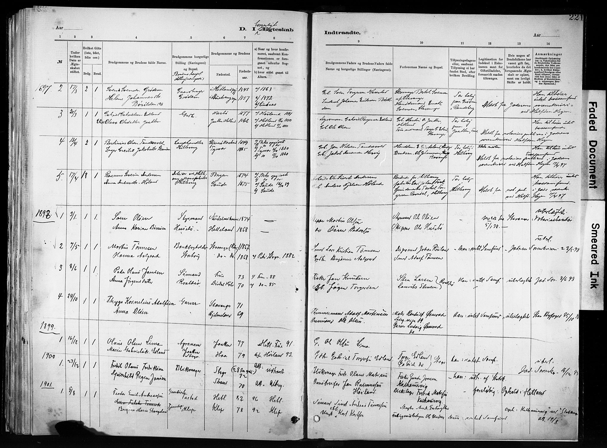 Hetland sokneprestkontor, SAST/A-101826/30/30BA/L0011: Parish register (official) no. A 11, 1884-1911, p. 221