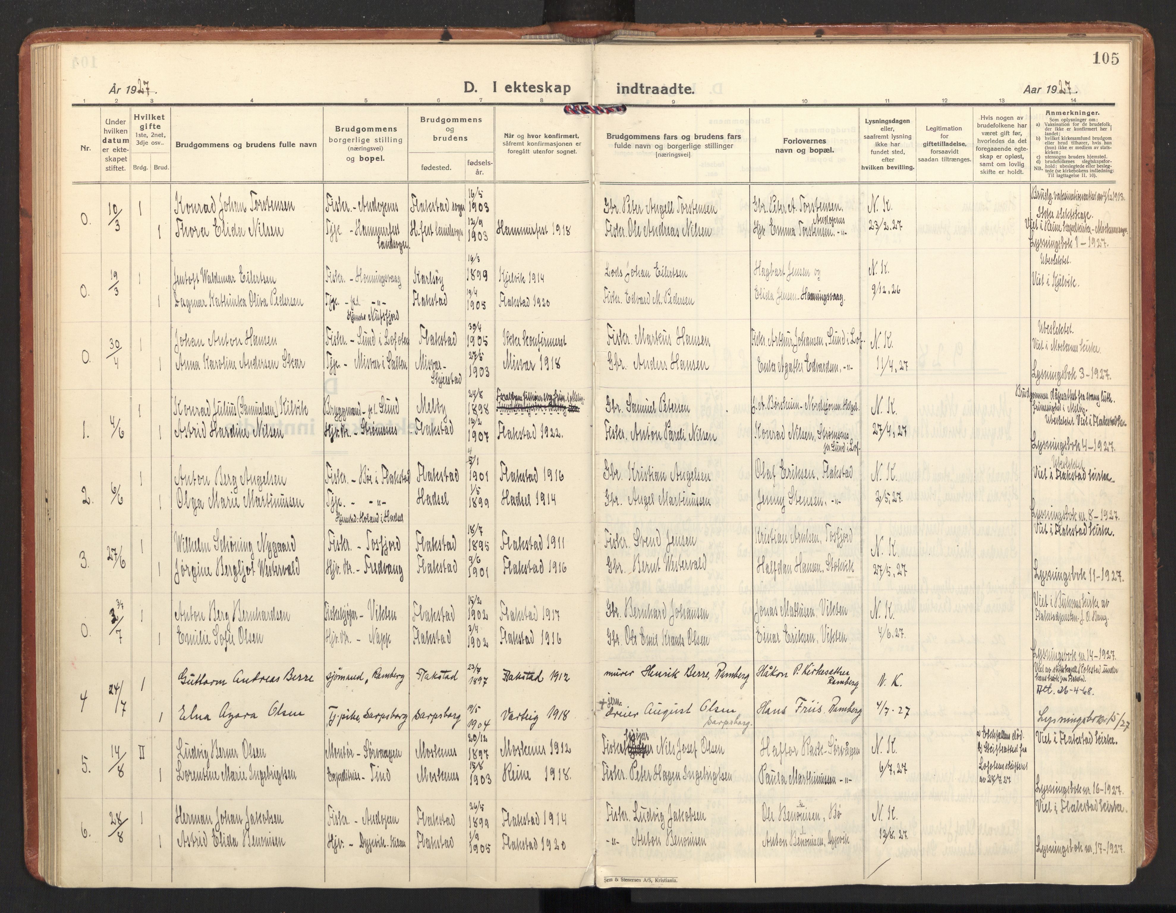 Ministerialprotokoller, klokkerbøker og fødselsregistre - Nordland, AV/SAT-A-1459/885/L1211: Parish register (official) no. 885A11, 1927-1938, p. 105