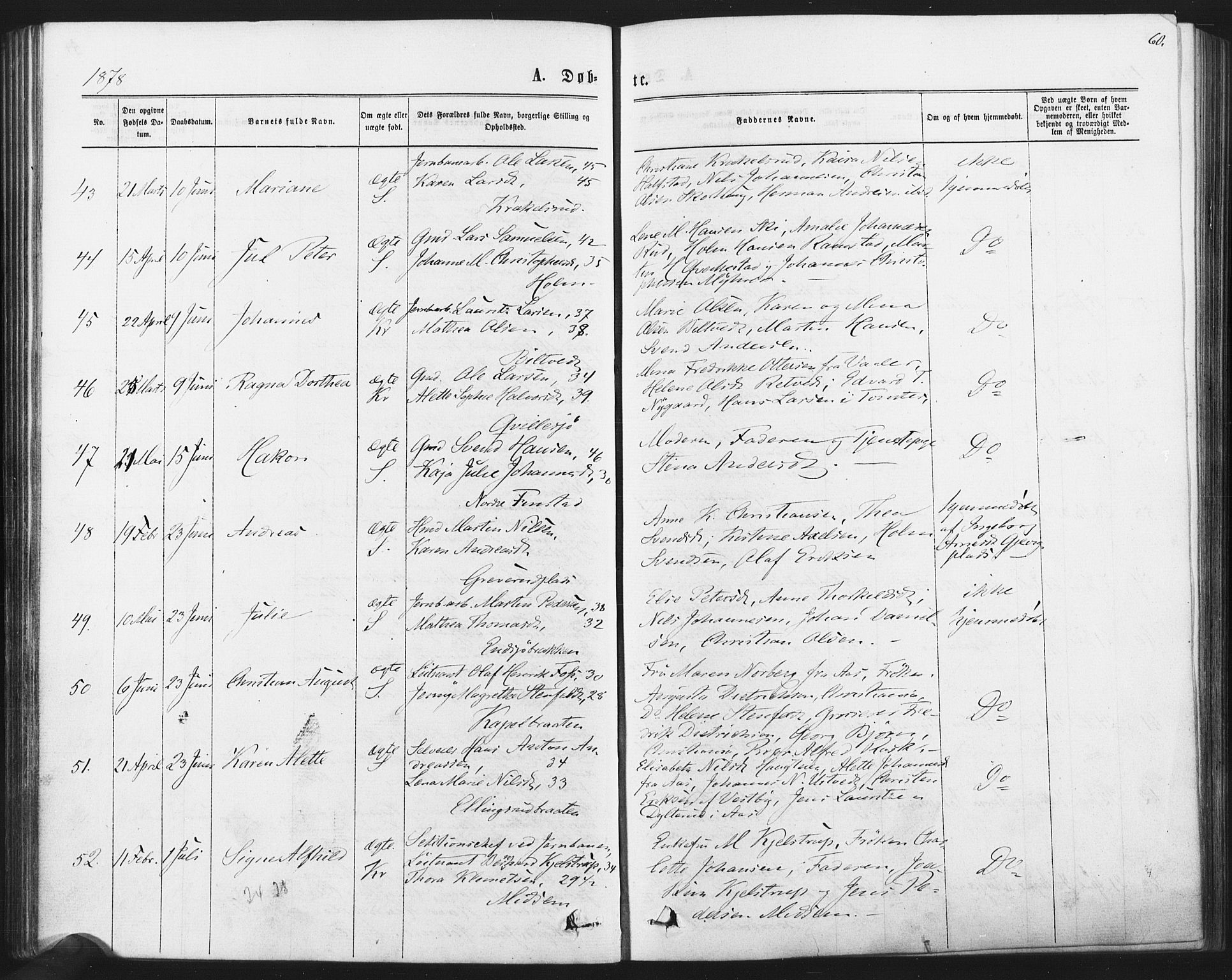 Kråkstad prestekontor Kirkebøker, SAO/A-10125a/F/Fa/L0008: Parish register (official) no. I 8, 1870-1879, p. 60