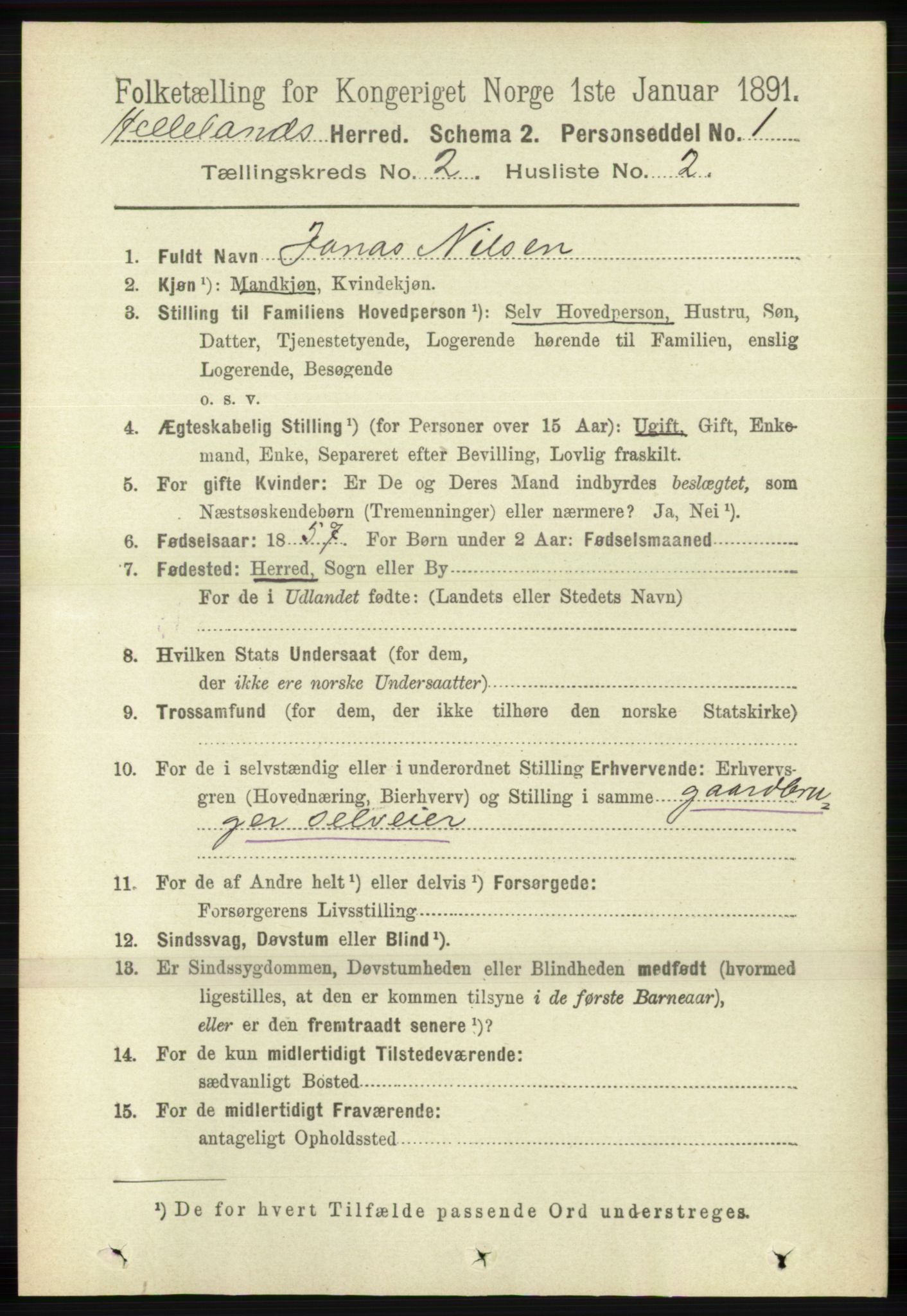RA, 1891 census for 1115 Helleland, 1891, p. 447