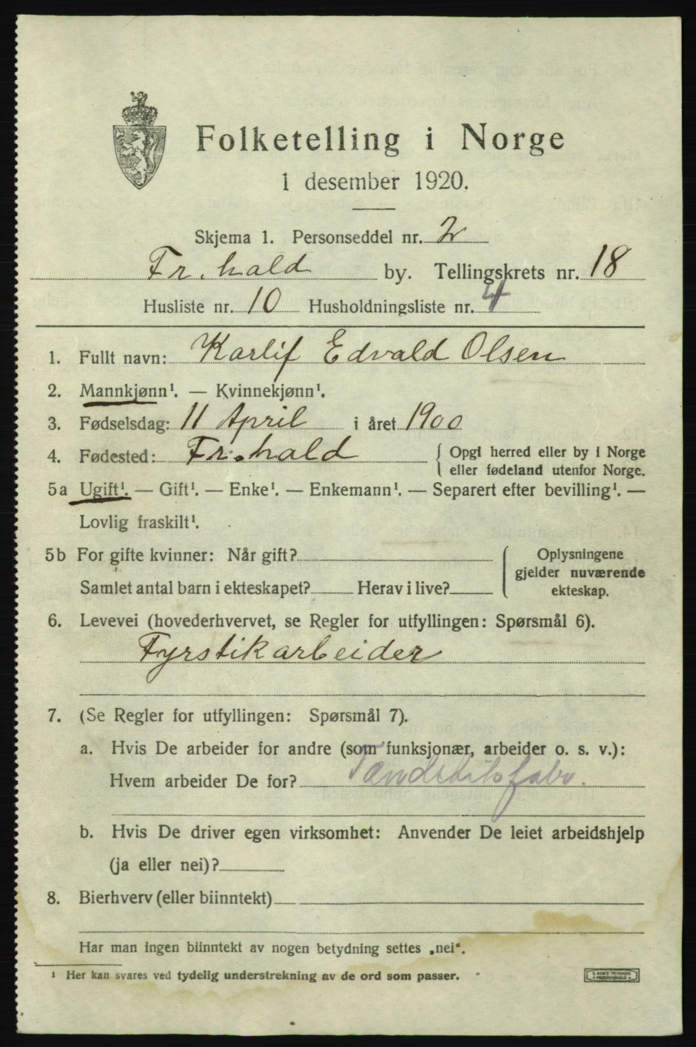 SAO, 1920 census for Fredrikshald, 1920, p. 27325