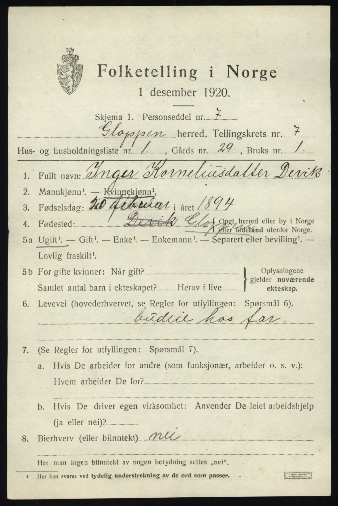 SAB, 1920 census for Gloppen, 1920, p. 4086