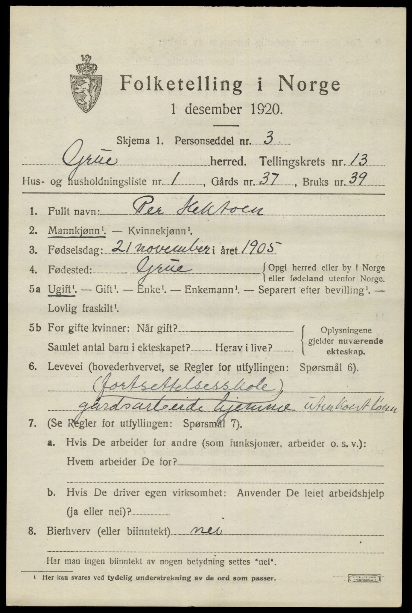 SAH, 1920 census for Grue, 1920, p. 11705