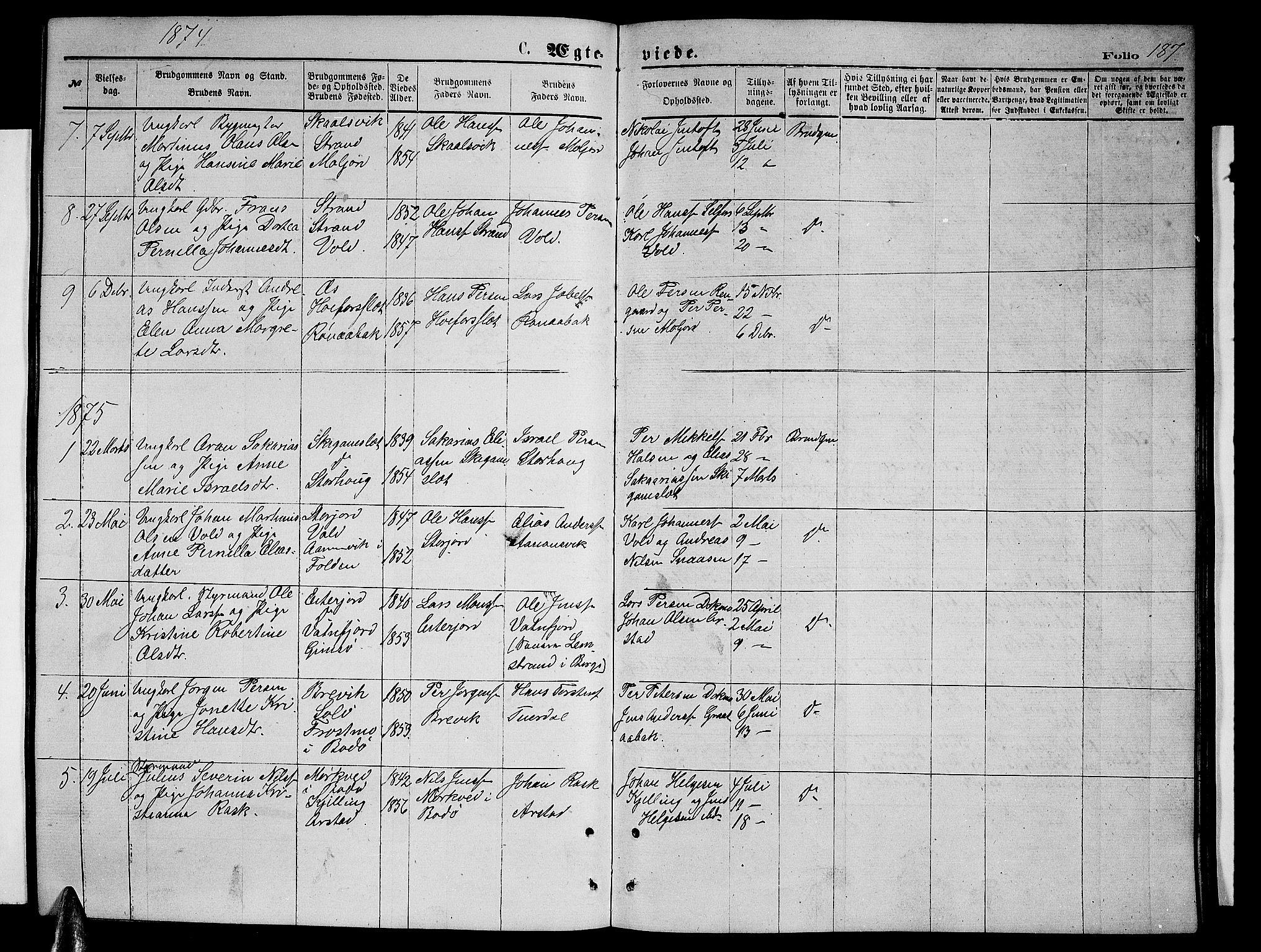 Ministerialprotokoller, klokkerbøker og fødselsregistre - Nordland, AV/SAT-A-1459/846/L0653: Parish register (copy) no. 846C03, 1872-1887, p. 187