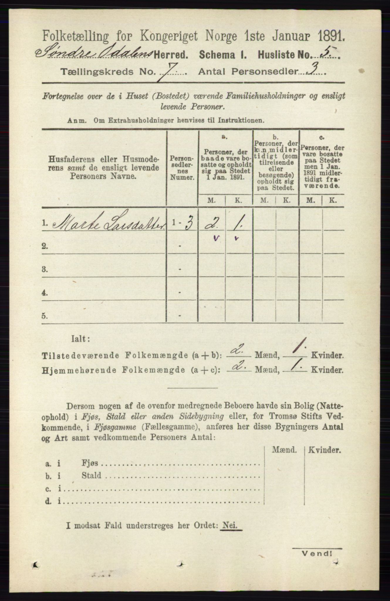 RA, 1891 census for 0419 Sør-Odal, 1891, p. 3496