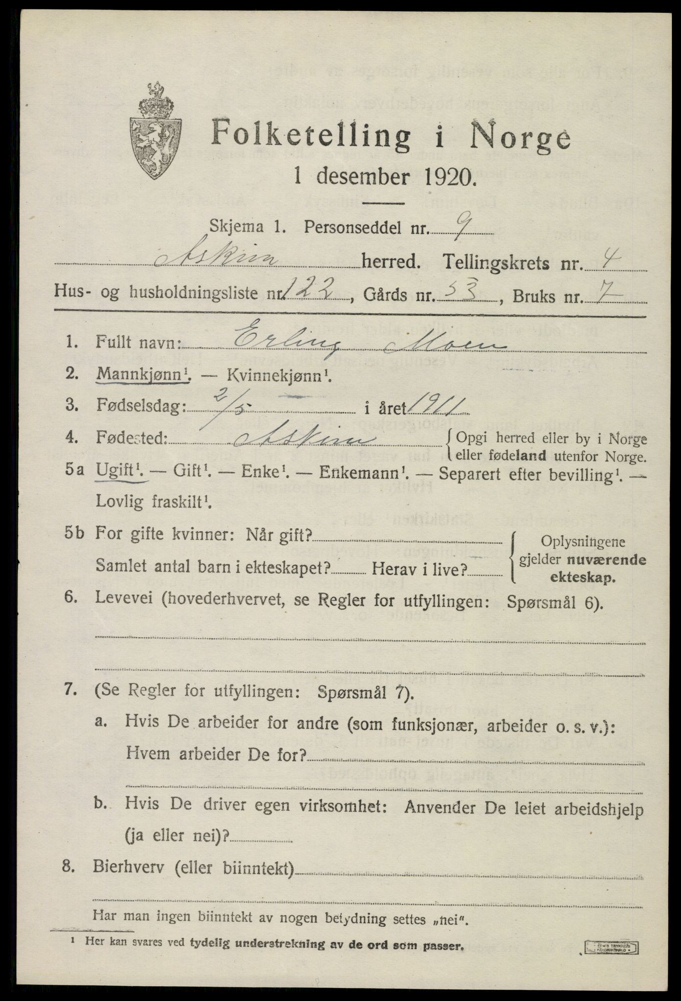 SAO, 1920 census for Askim, 1920, p. 9463