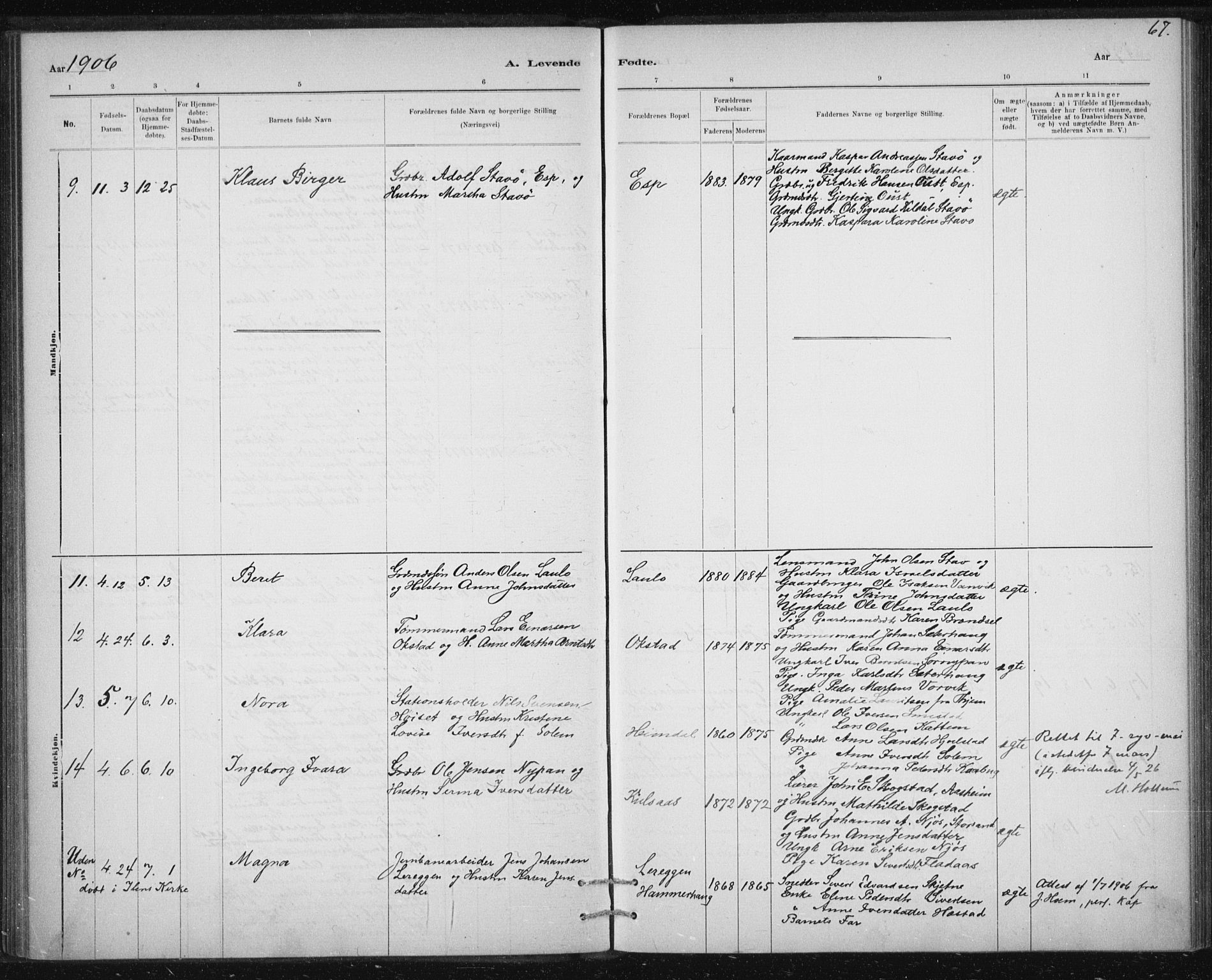 Ministerialprotokoller, klokkerbøker og fødselsregistre - Sør-Trøndelag, AV/SAT-A-1456/613/L0392: Parish register (official) no. 613A01, 1887-1906, p. 67