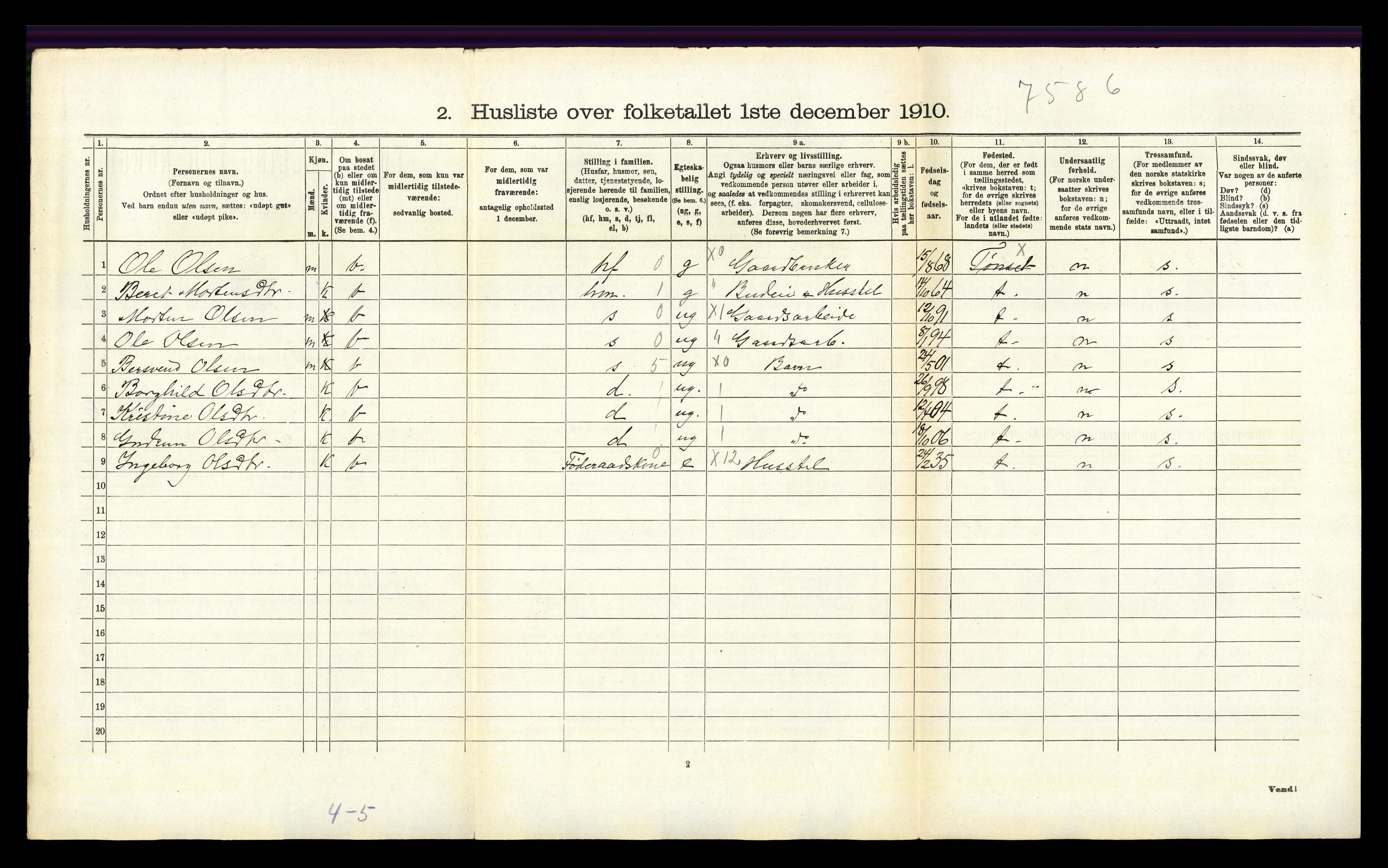 RA, 1910 census for Tynset, 1910, p. 724