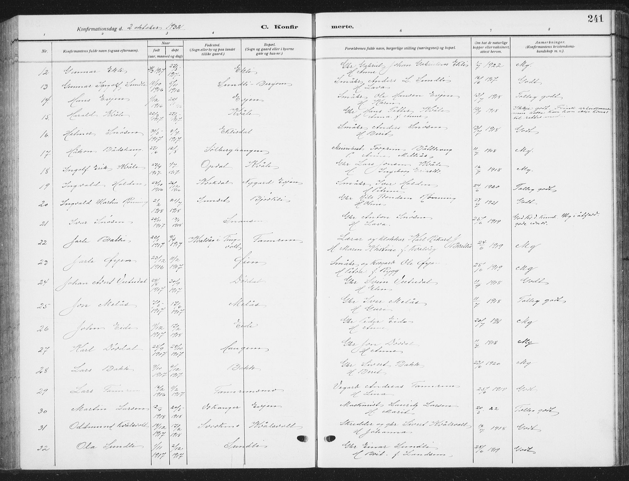 Ministerialprotokoller, klokkerbøker og fødselsregistre - Sør-Trøndelag, SAT/A-1456/668/L0820: Parish register (copy) no. 668C09, 1912-1936, p. 241