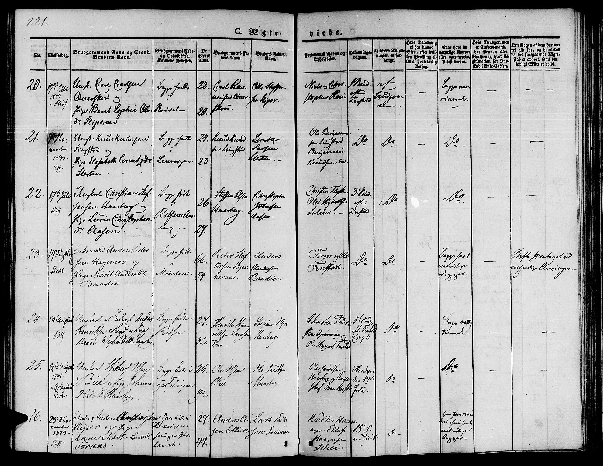 Ministerialprotokoller, klokkerbøker og fødselsregistre - Sør-Trøndelag, SAT/A-1456/646/L0610: Parish register (official) no. 646A08, 1837-1847, p. 221