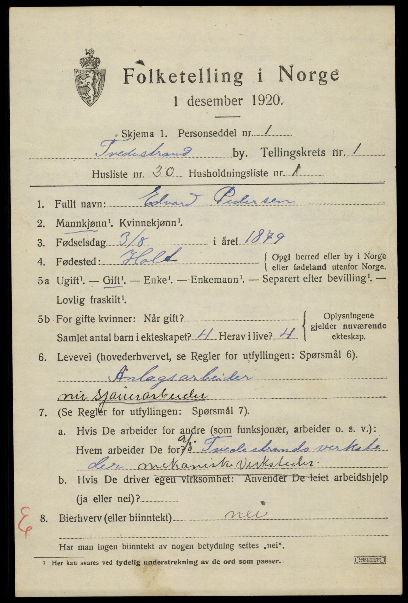SAK, 1920 census for Tvedestrand, 1920, p. 1591