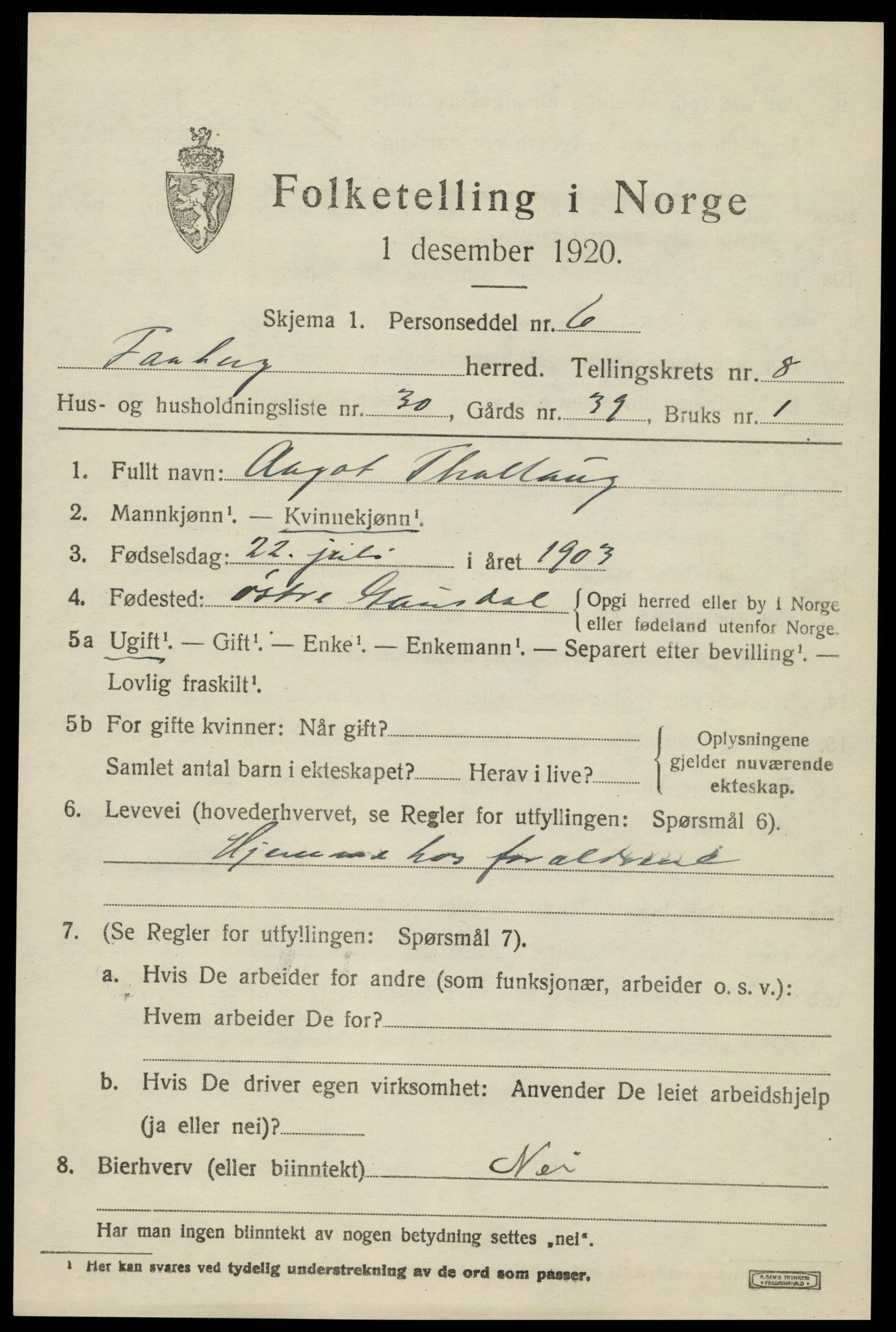 SAH, 1920 census for Fåberg, 1920, p. 9546