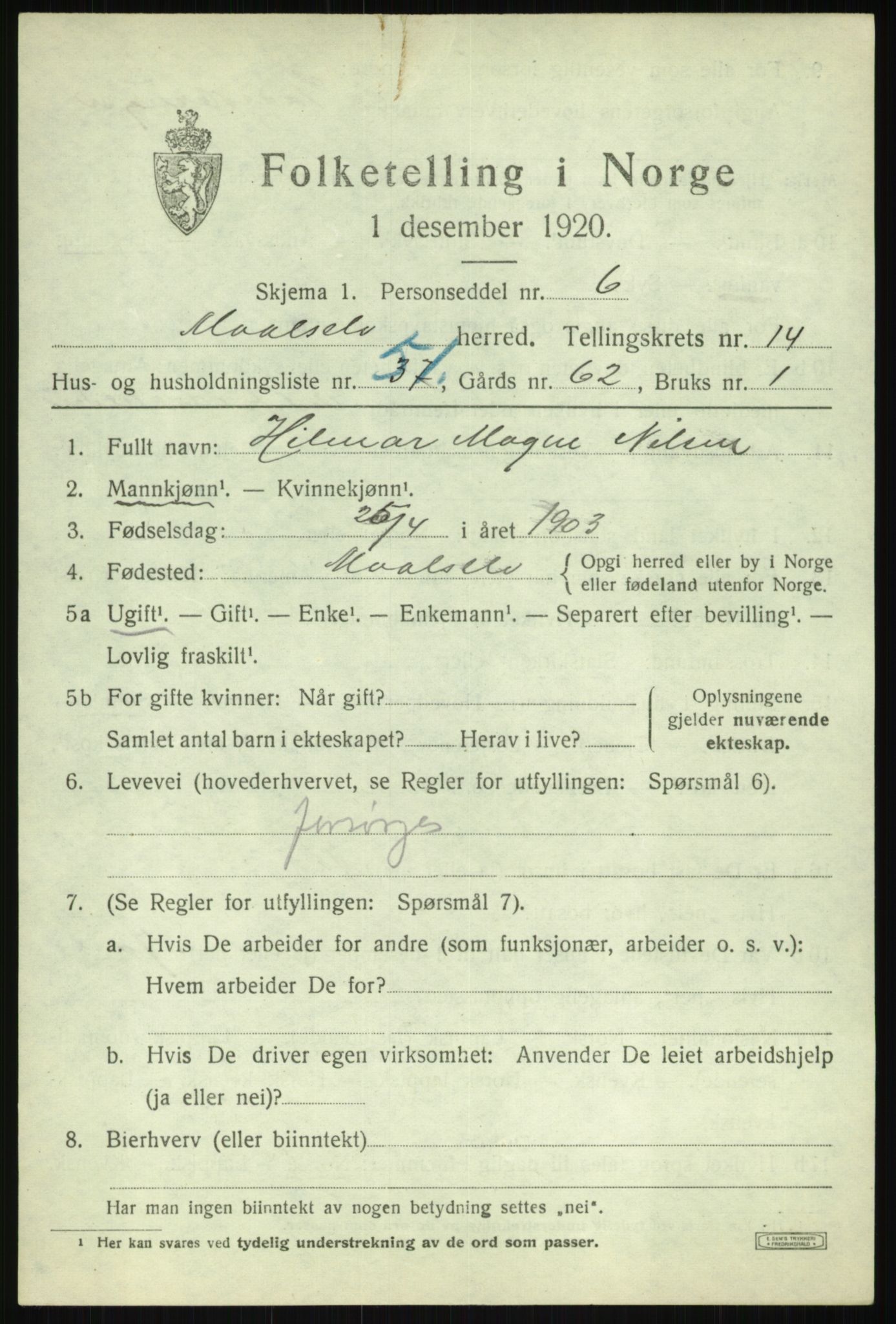 SATØ, 1920 census for Målselv, 1920, p. 7601