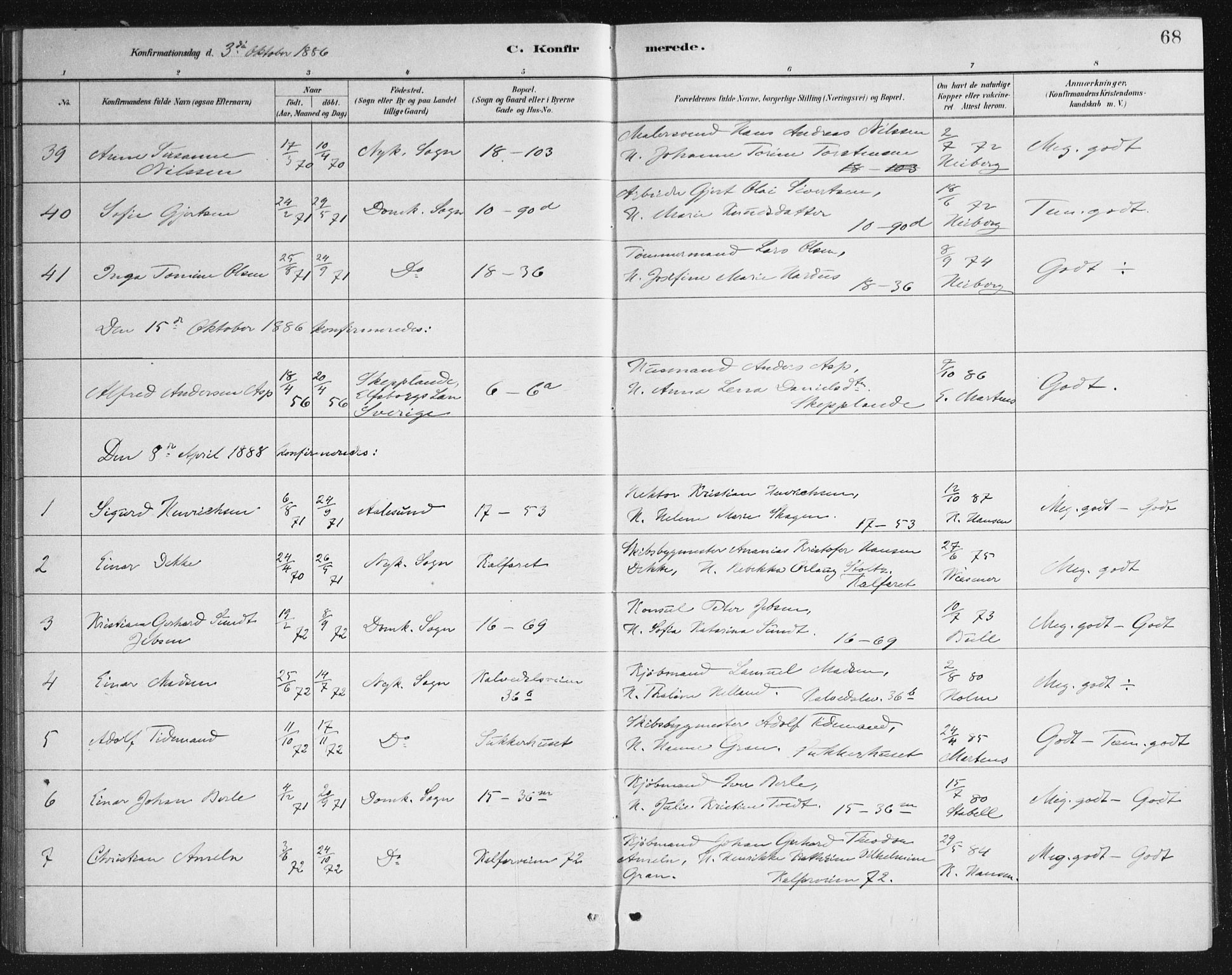 Domkirken sokneprestembete, SAB/A-74801/H/Haa/L0066: Curate's parish register no. A 4, 1880-1912, p. 68