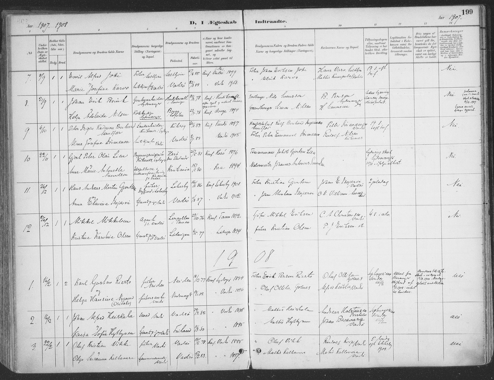 Vadsø sokneprestkontor, SATØ/S-1325/H/Ha/L0007kirke: Parish register (official) no. 7, 1896-1916, p. 199