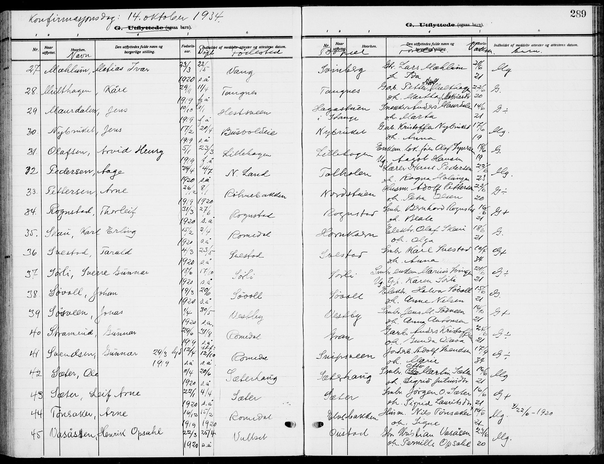 Romedal prestekontor, AV/SAH-PREST-004/K/L0012: Parish register (official) no. 12, 1913-1935, p. 289