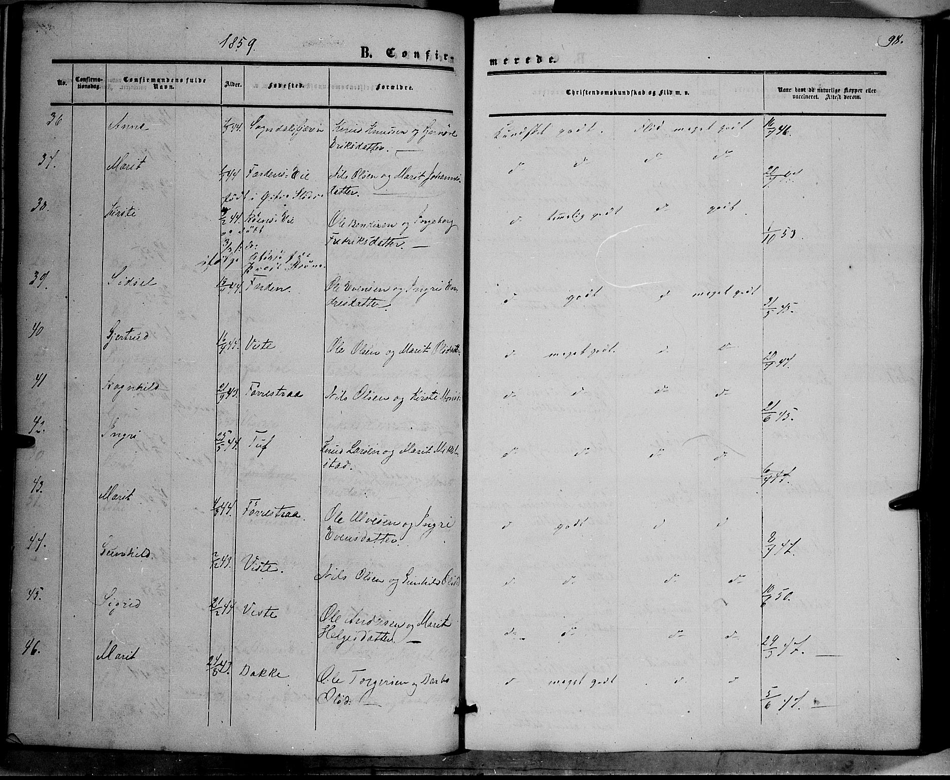 Vestre Slidre prestekontor, AV/SAH-PREST-136/H/Ha/Haa/L0002: Parish register (official) no. 2, 1856-1864, p. 98