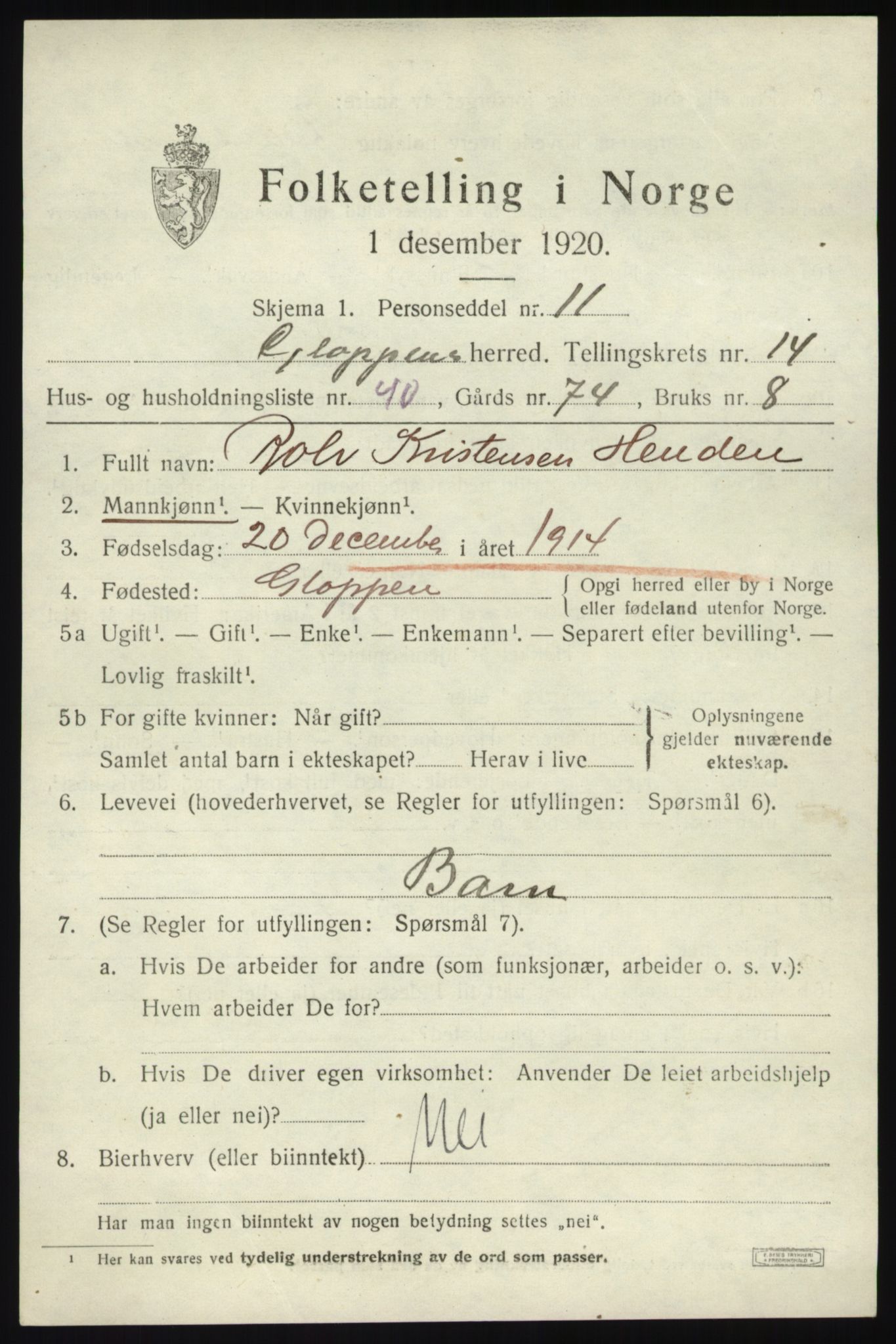 SAB, 1920 census for Gloppen, 1920, p. 7414