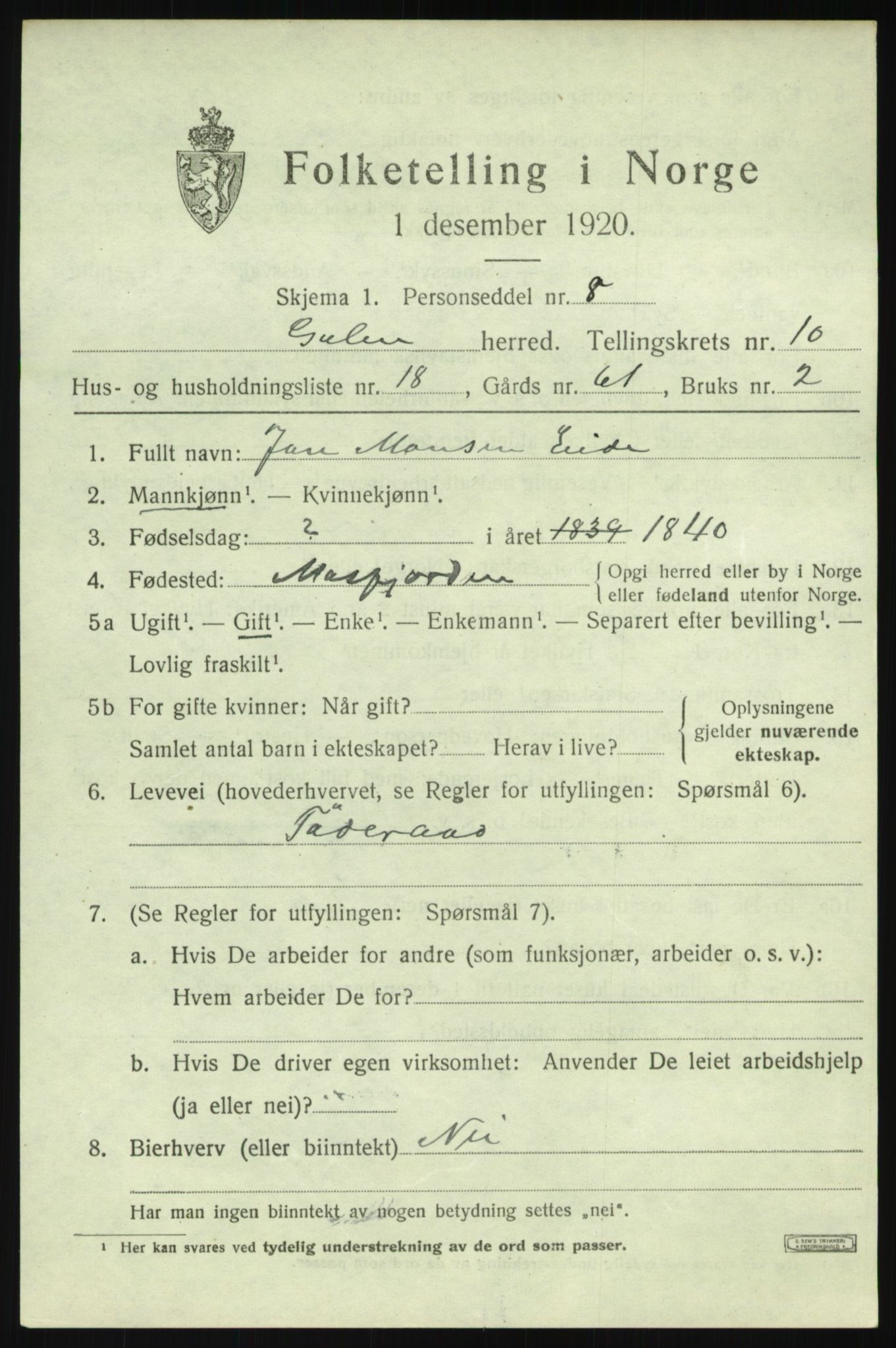 SAB, 1920 census for Gulen, 1920, p. 4777