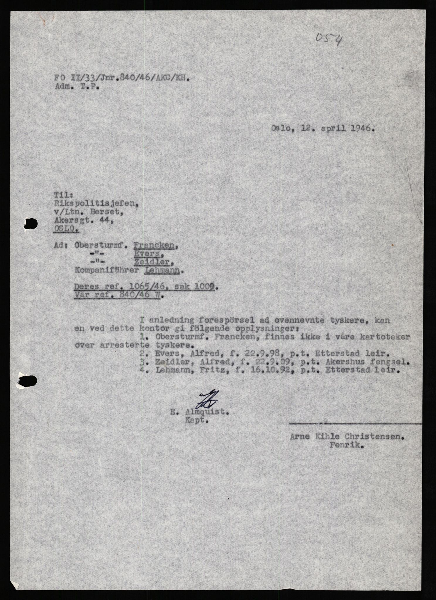 Forsvaret, Forsvarets overkommando II, AV/RA-RAFA-3915/D/Db/L0029: CI Questionaires. Tyske okkupasjonsstyrker i Norge. Tyskere., 1945-1946, p. 238