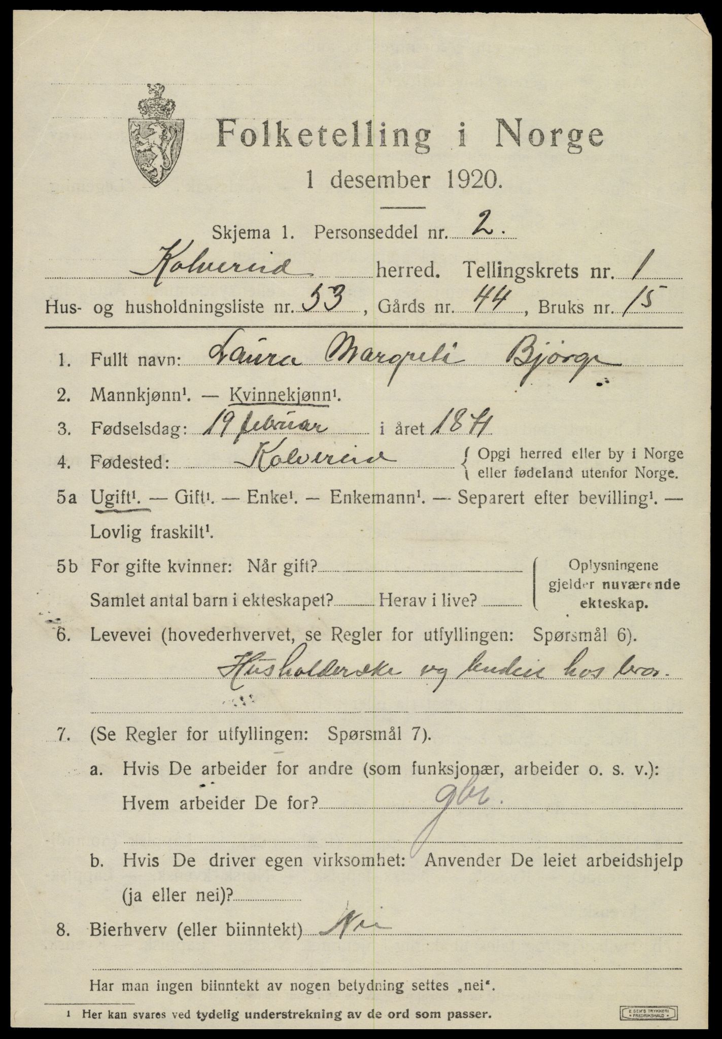 SAT, 1920 census for Kolvereid, 1920, p. 1499