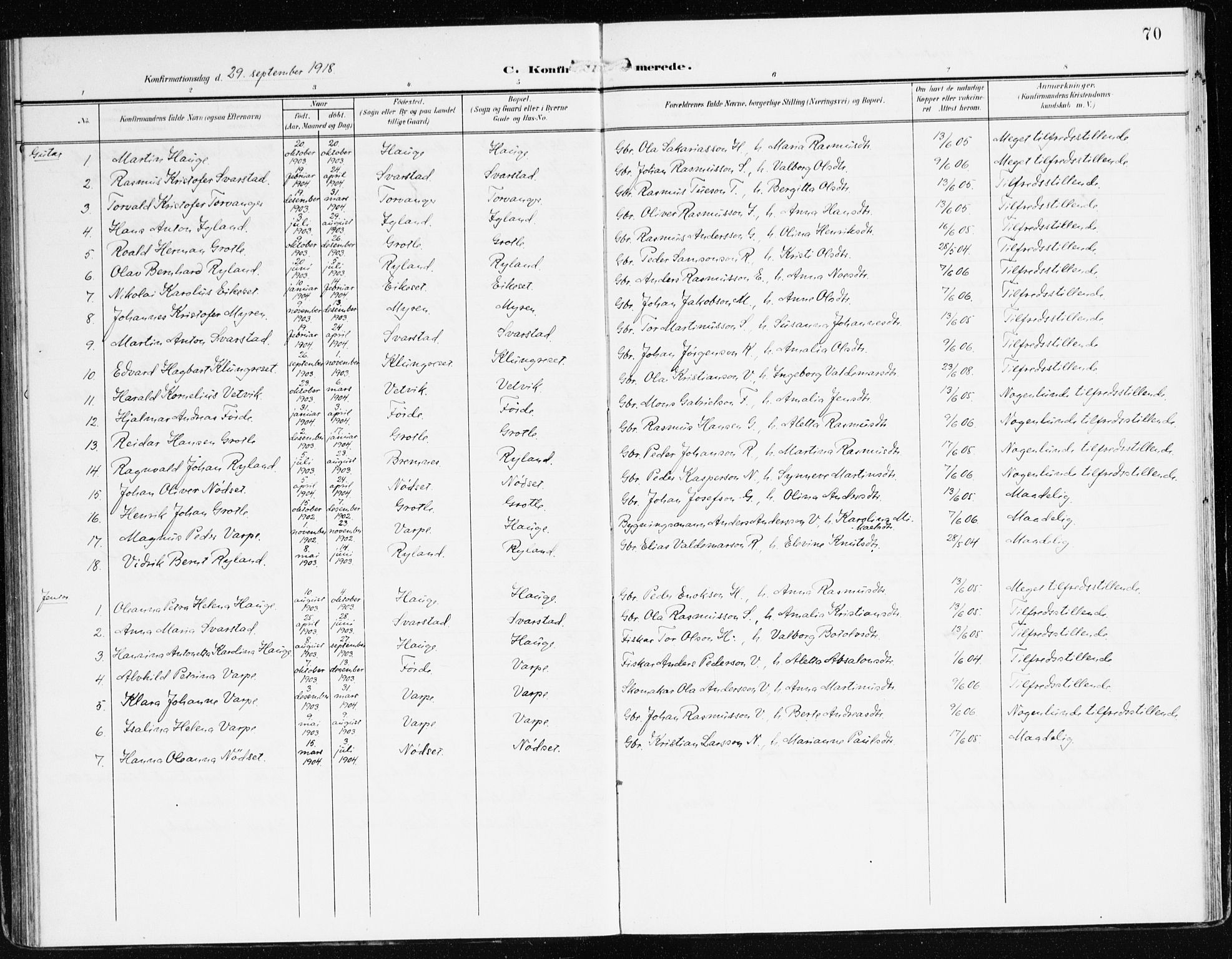 Bremanger sokneprestembete, SAB/A-82201/H/Haa/Haac/L0001: Parish register (official) no. C 1, 1908-1921, p. 70