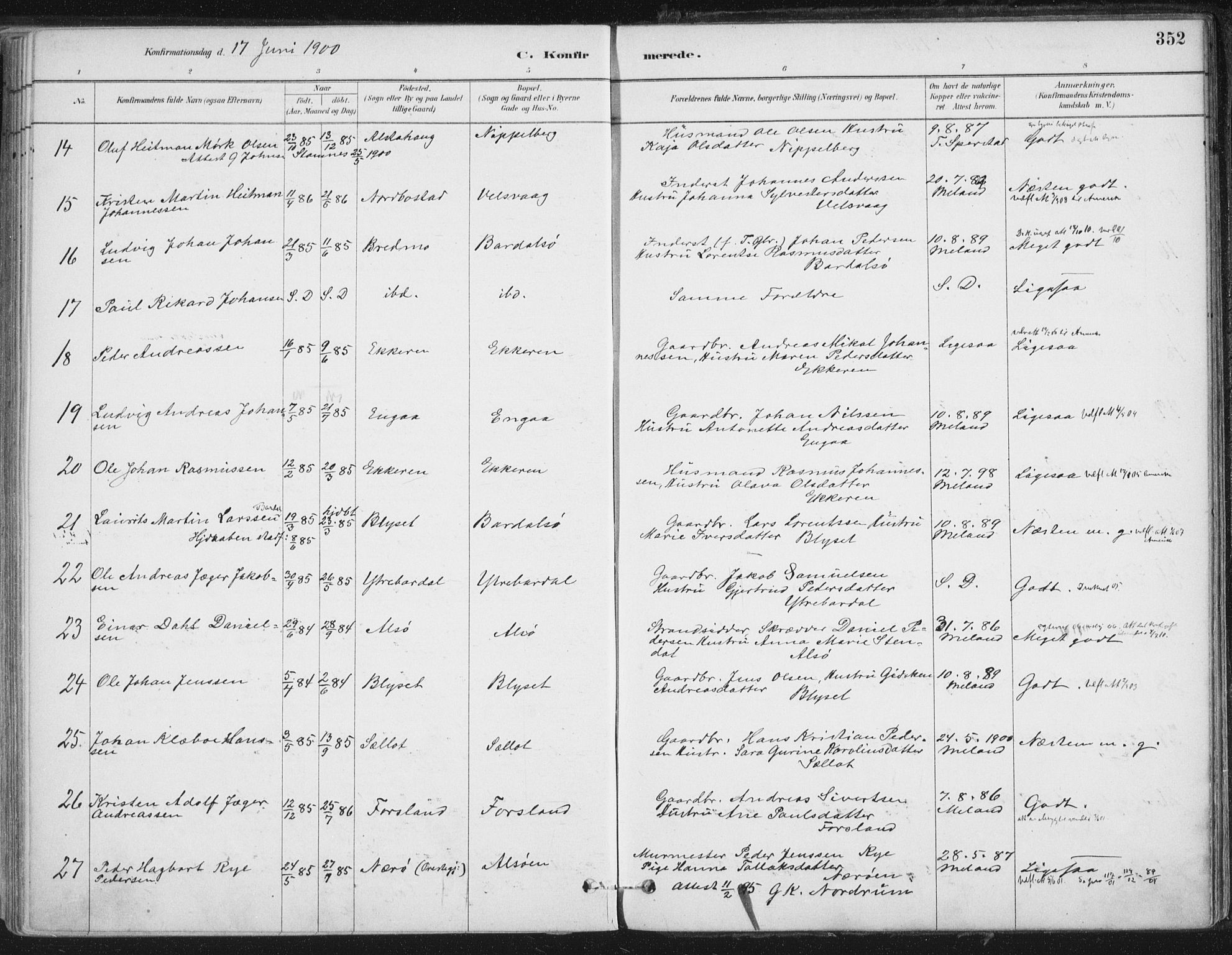 Ministerialprotokoller, klokkerbøker og fødselsregistre - Nordland, AV/SAT-A-1459/838/L0552: Parish register (official) no. 838A10, 1880-1910, p. 352